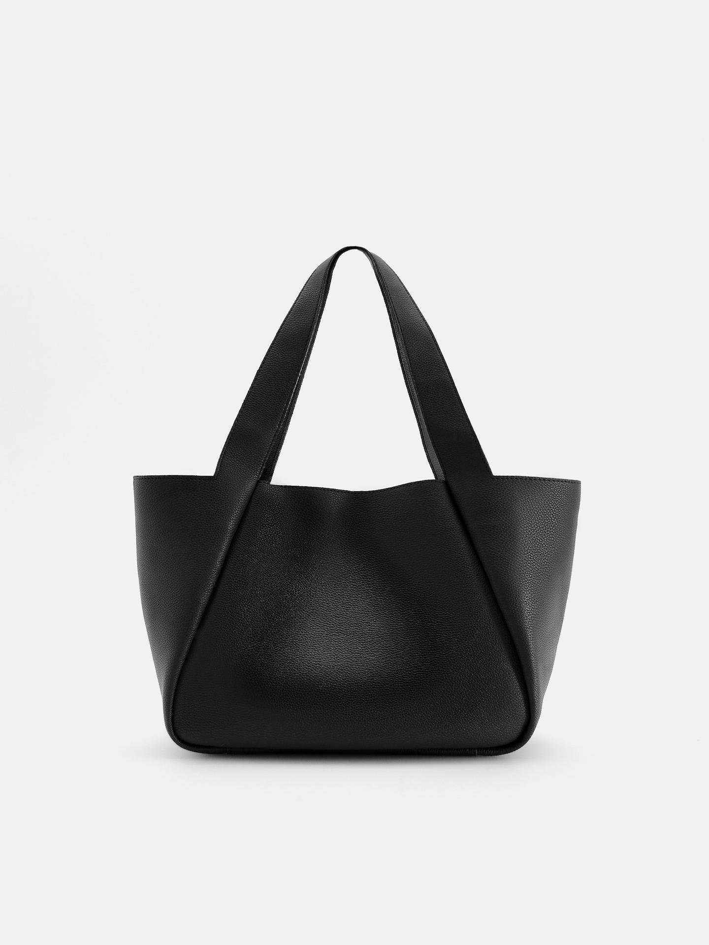 Black Faux Leather Shopper Bag, Black, medium