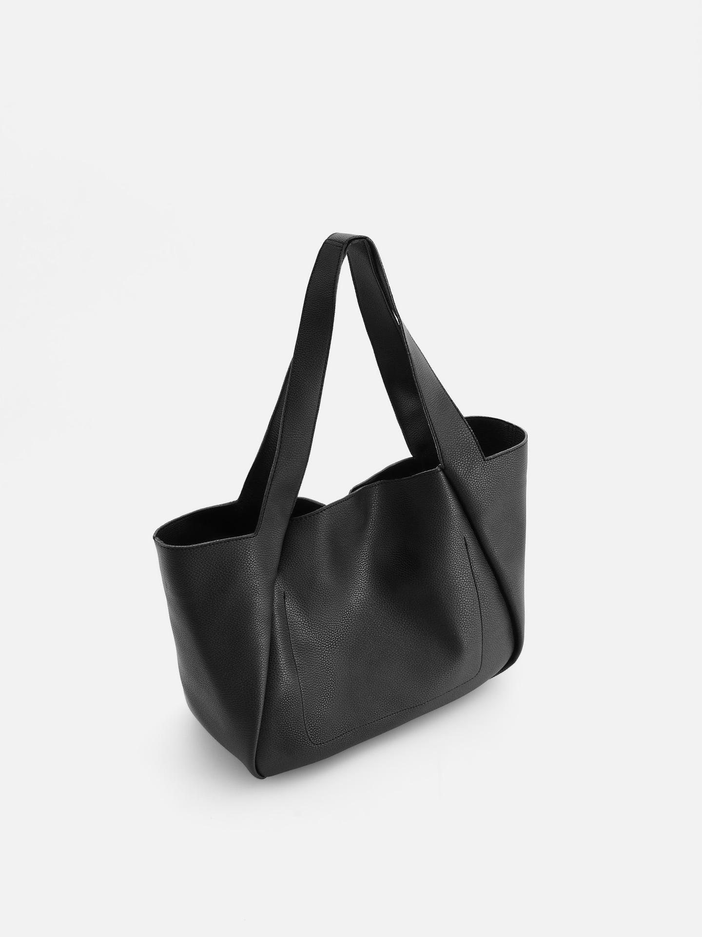 Black Faux Leather Shopper Bag, Black, medium