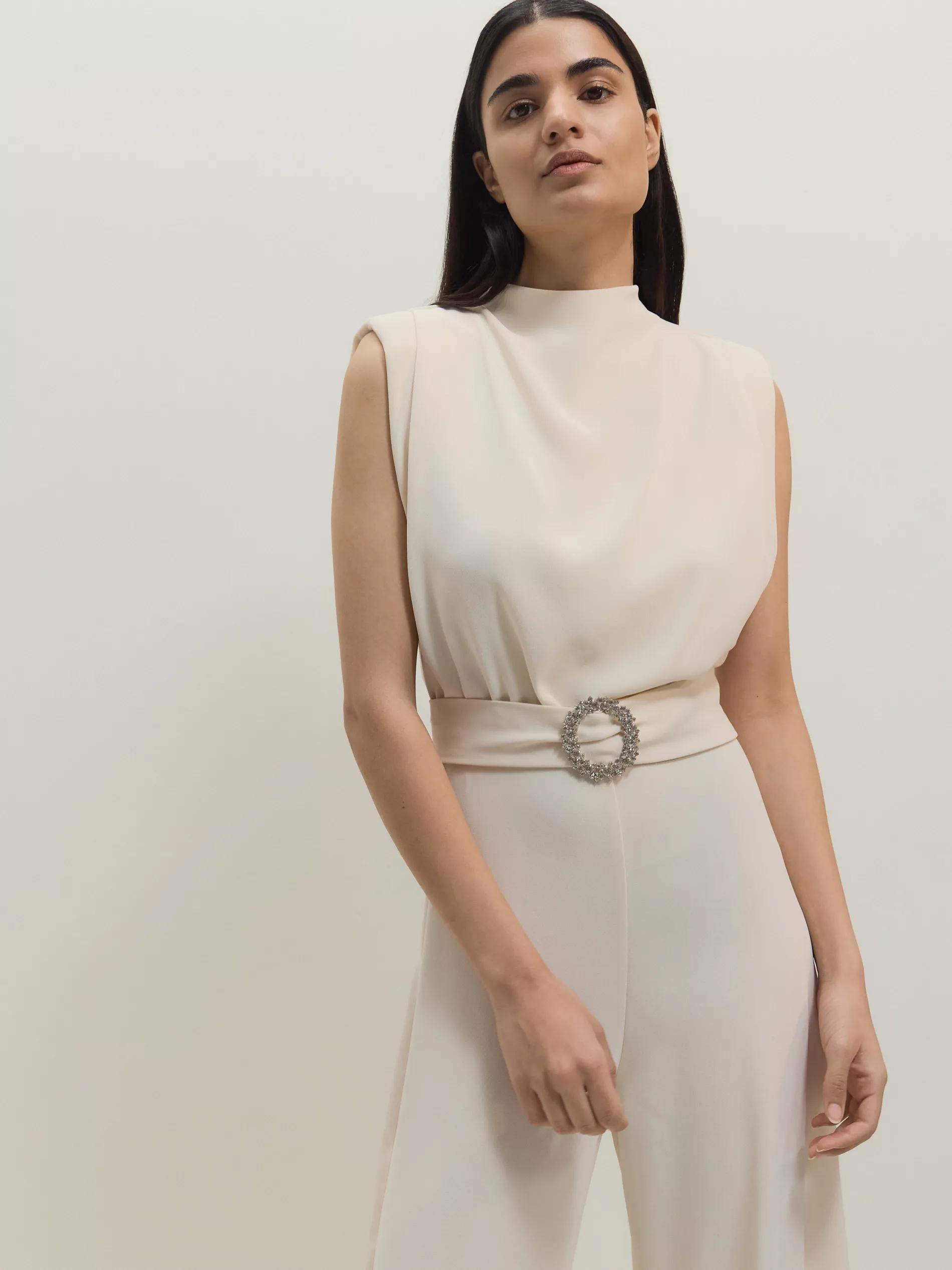 Cream Jumpsuit With Decorative Belt, Ivory, medium