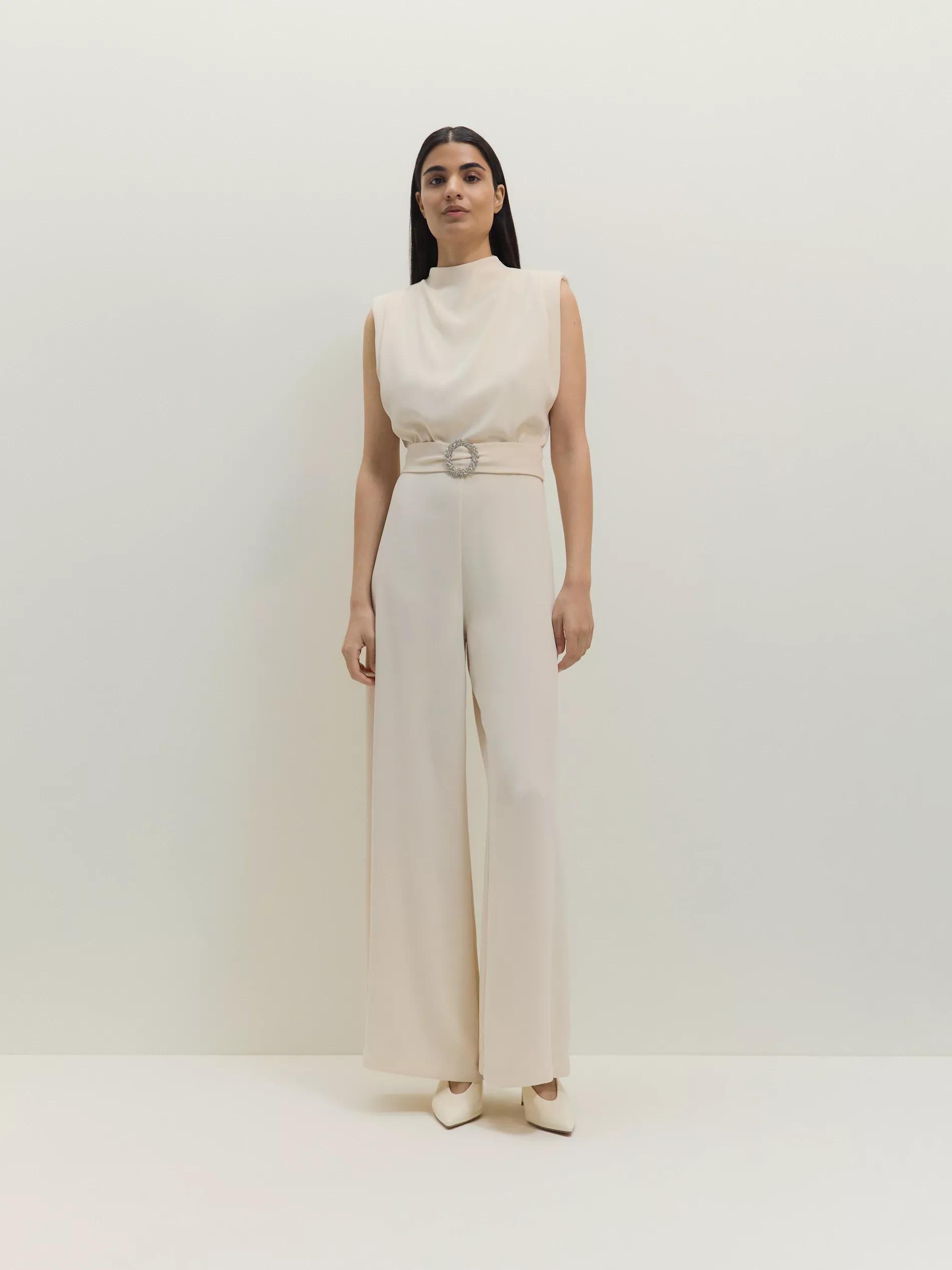 Cream Jumpsuit With Decorative Belt, Ivory, medium