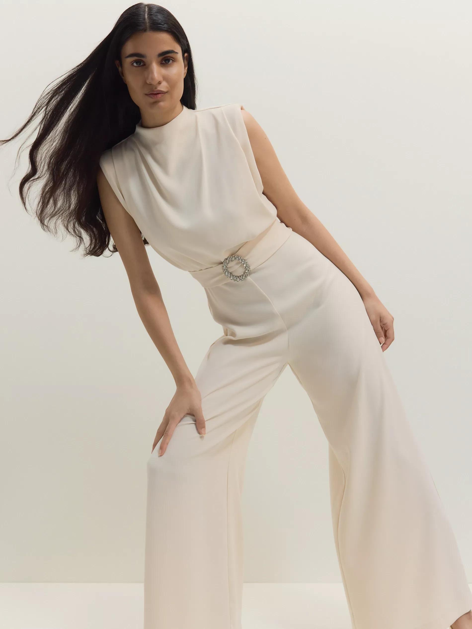 Cream Jumpsuit With Decorative Belt, Ivory, medium