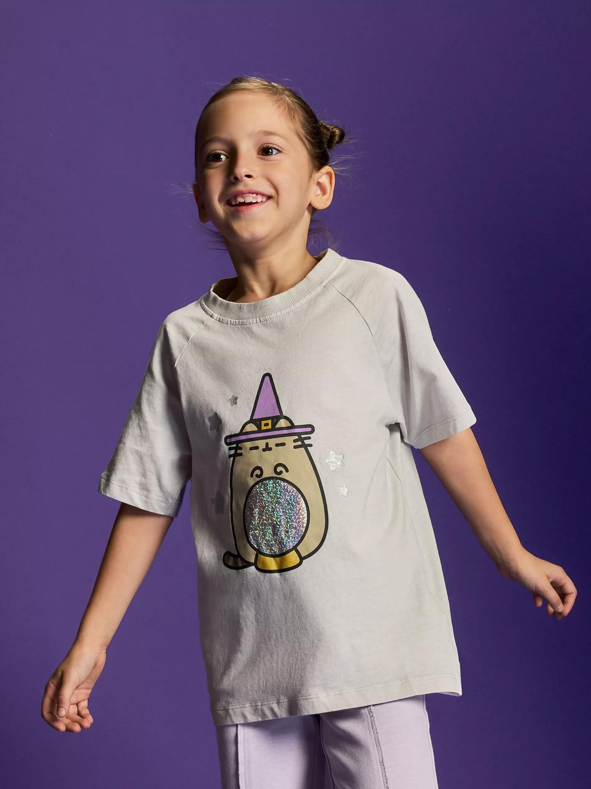 Grey T-Shirt With Pusheen Print, Kids Girls, Light grey, medium