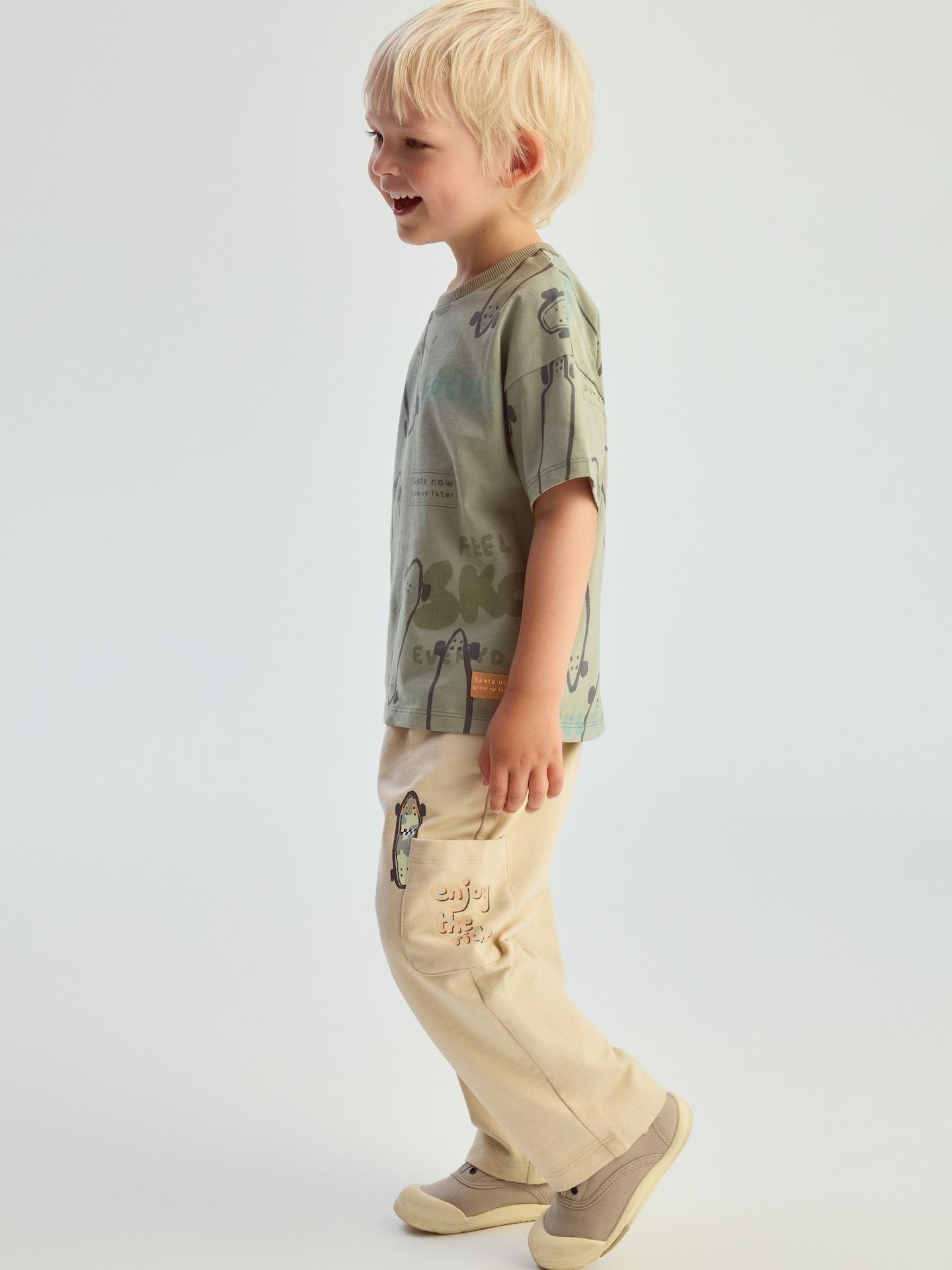 Beige Cotton Trousers With Print, Ivory, medium