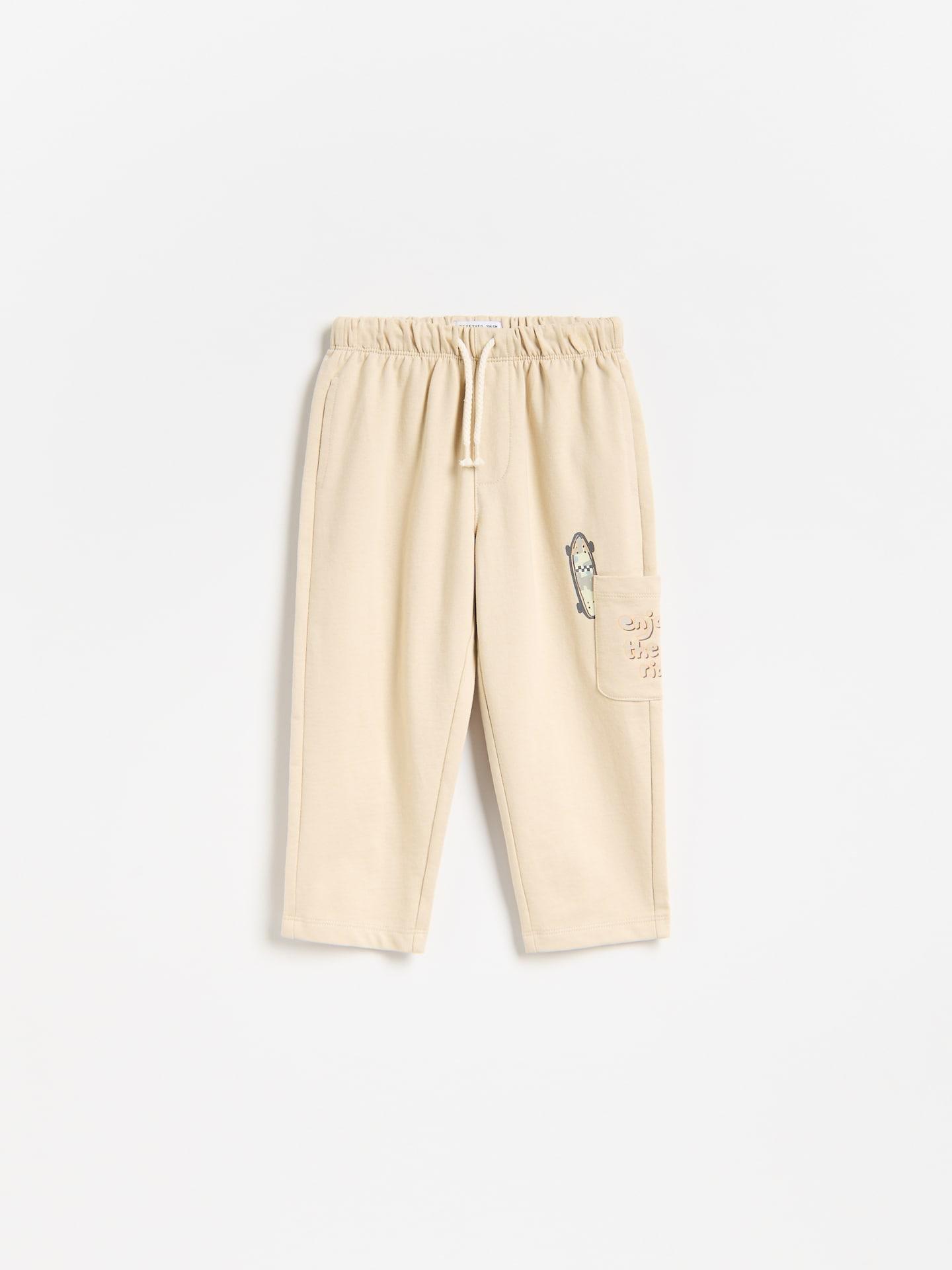 Beige Cotton Trousers With Print, Ivory, medium