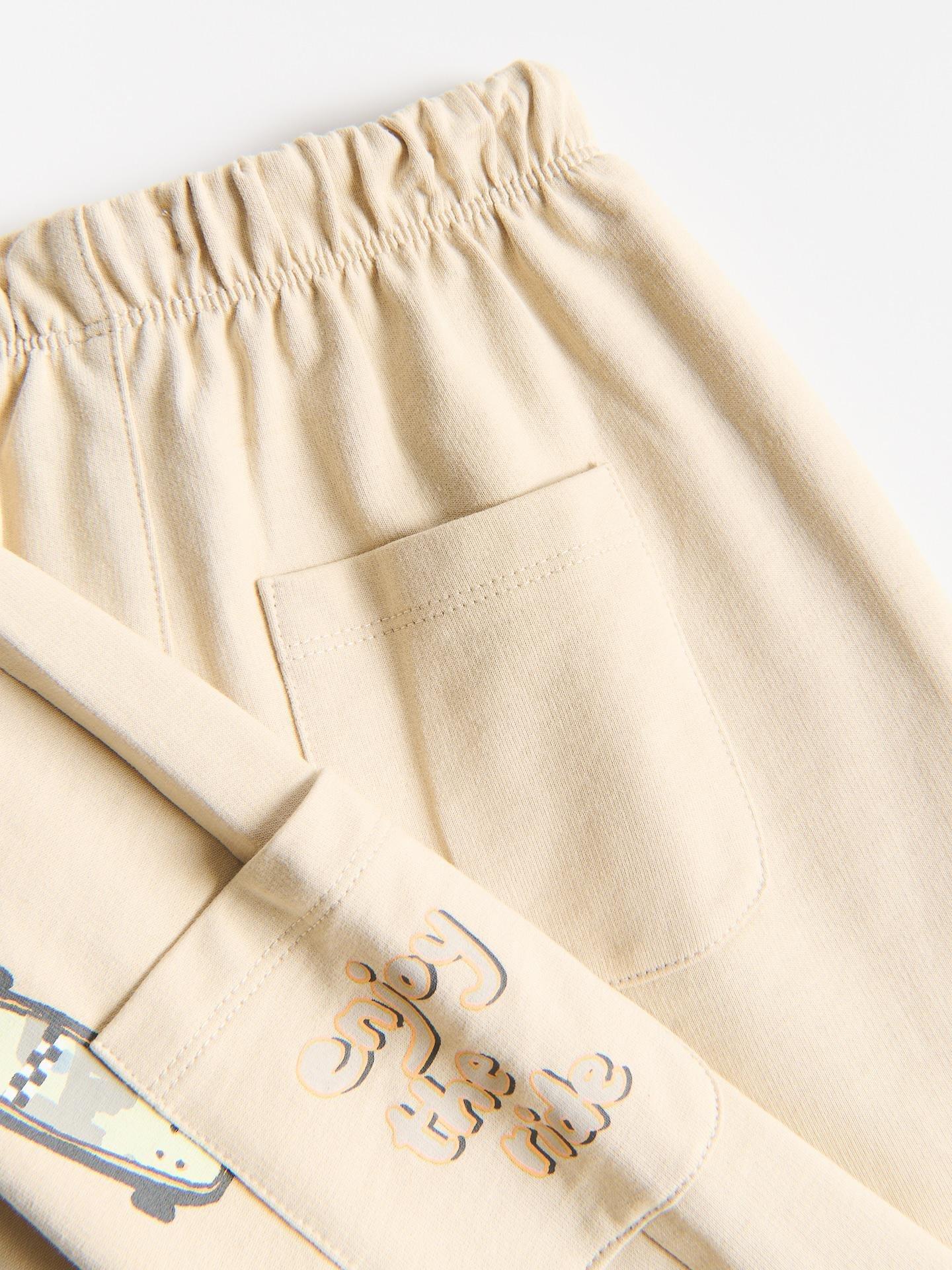 Beige Cotton Trousers With Print, Ivory, medium