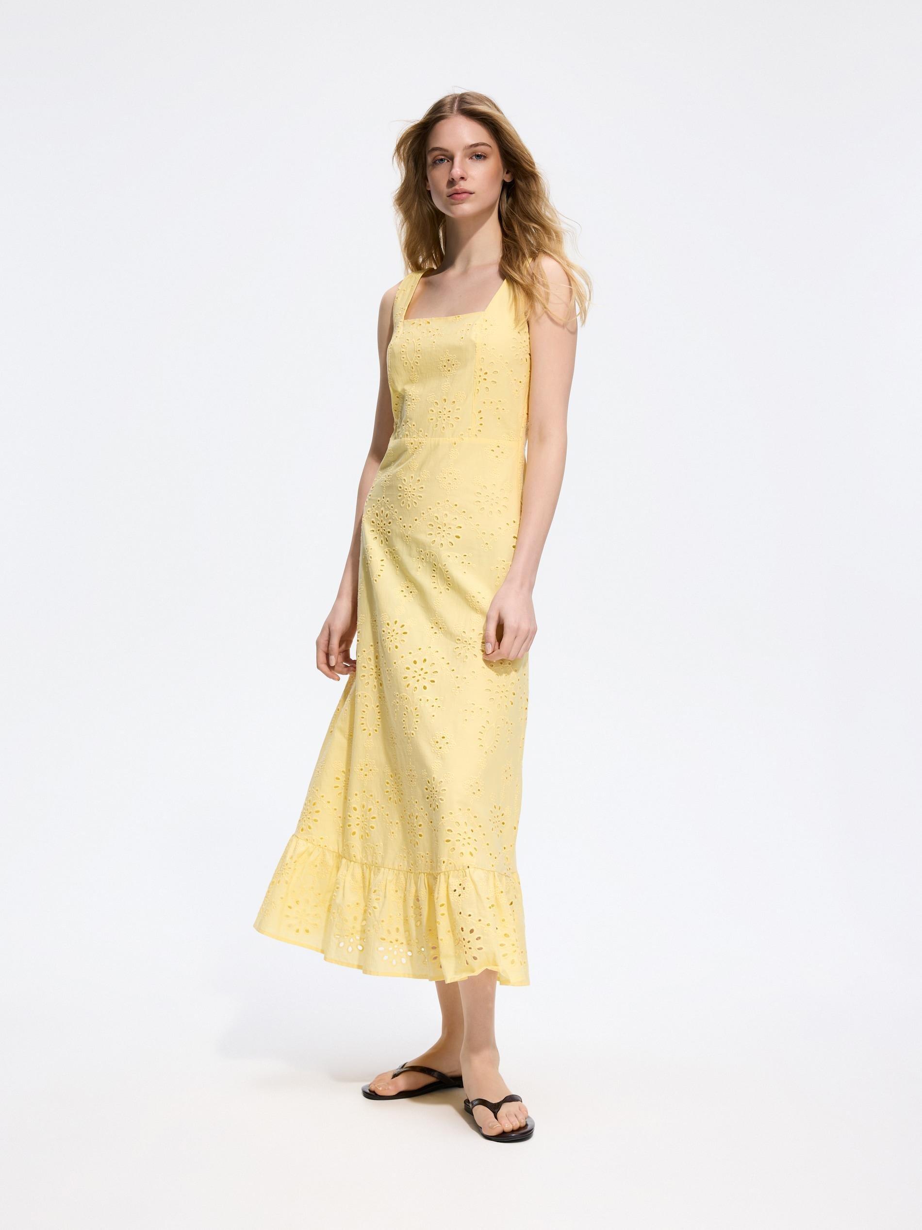 Yellow Openwork Cotton Dress, Yellow, large image number 0