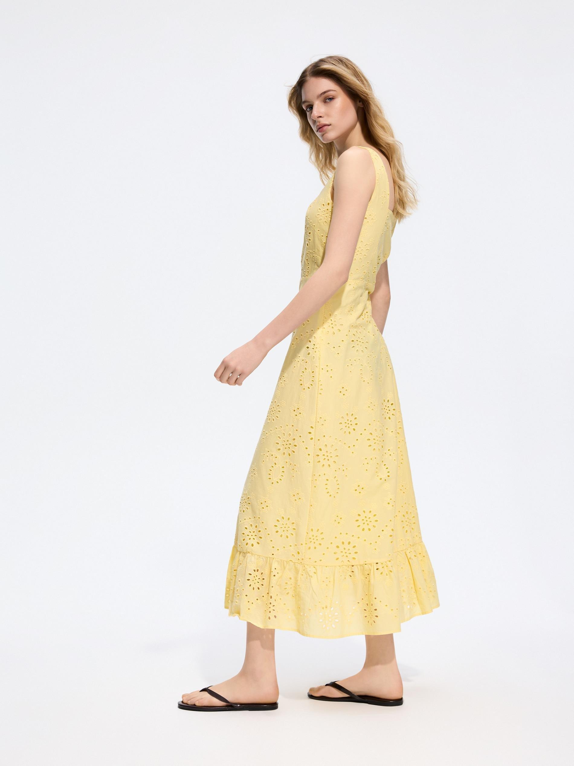 Yellow Openwork Cotton Dress, Yellow, large image number 2