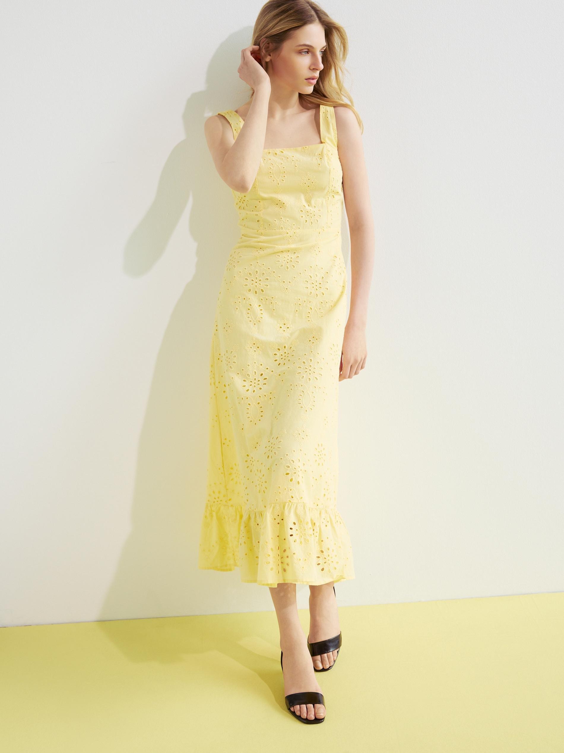 Yellow Openwork Cotton Dress, Yellow, large image number 3