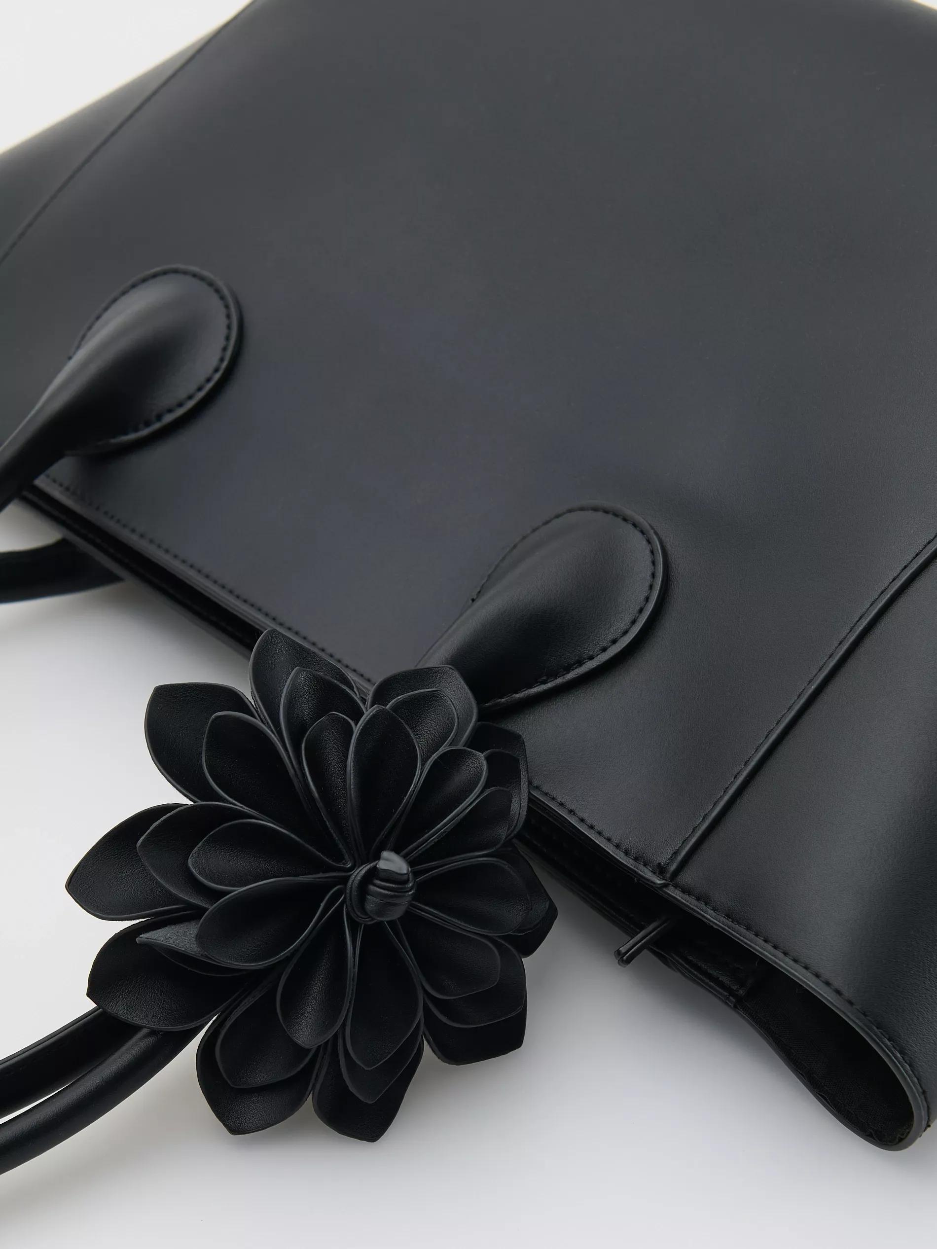 Black Leather Hand Bag, Black, large image number 2
