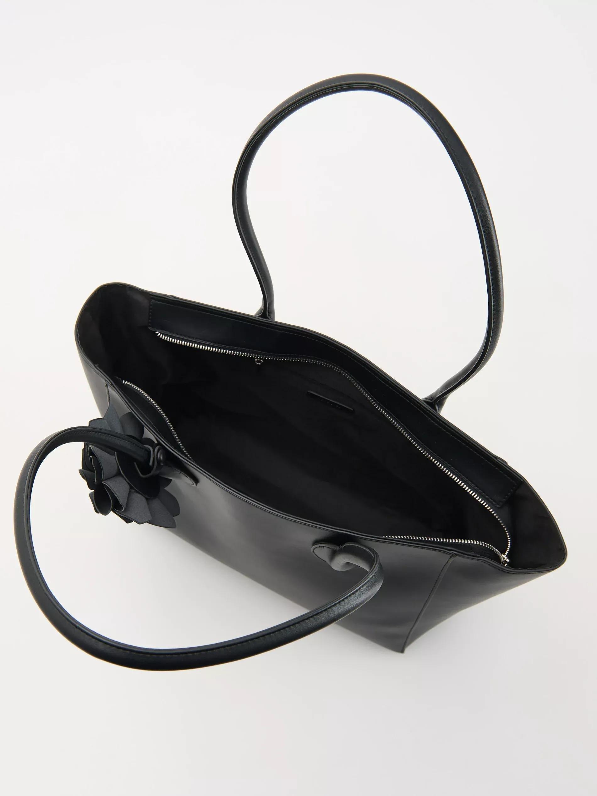 Black Leather Hand Bag, Black, large image number 3