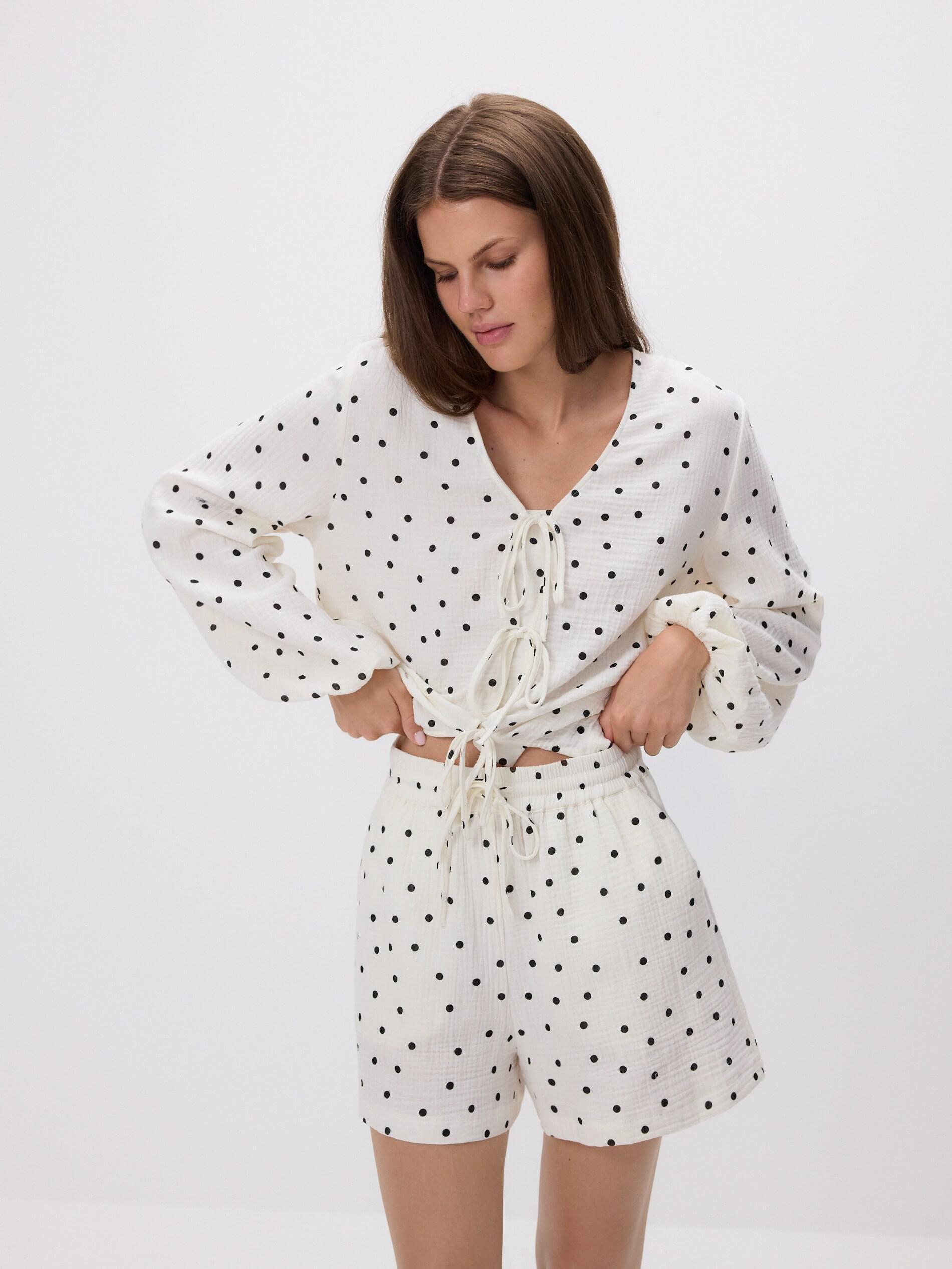 White Patterned Muslin Shorts, White, medium