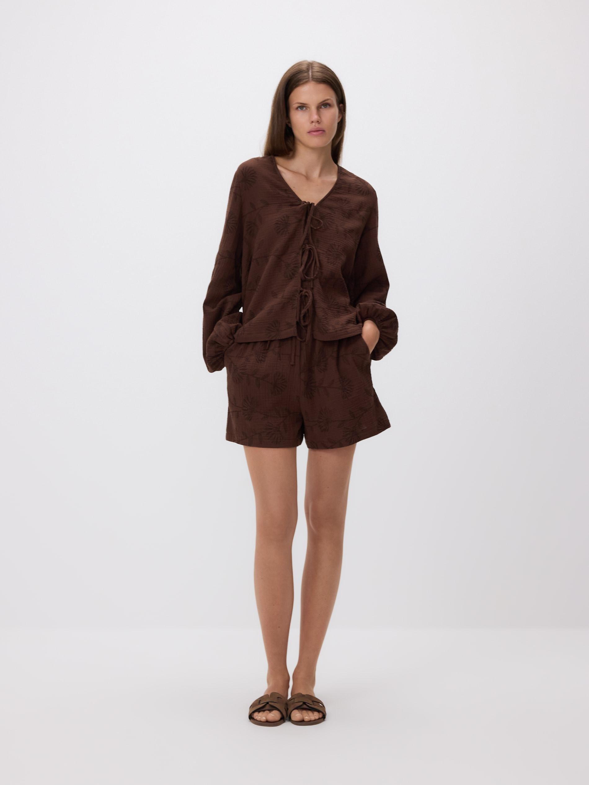 Patterned muslin shorts, Brown, medium