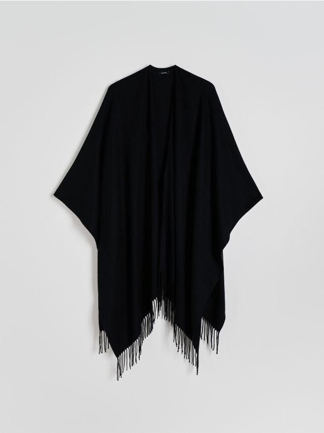 Black Poncho With Fringes, Black, large image number 0