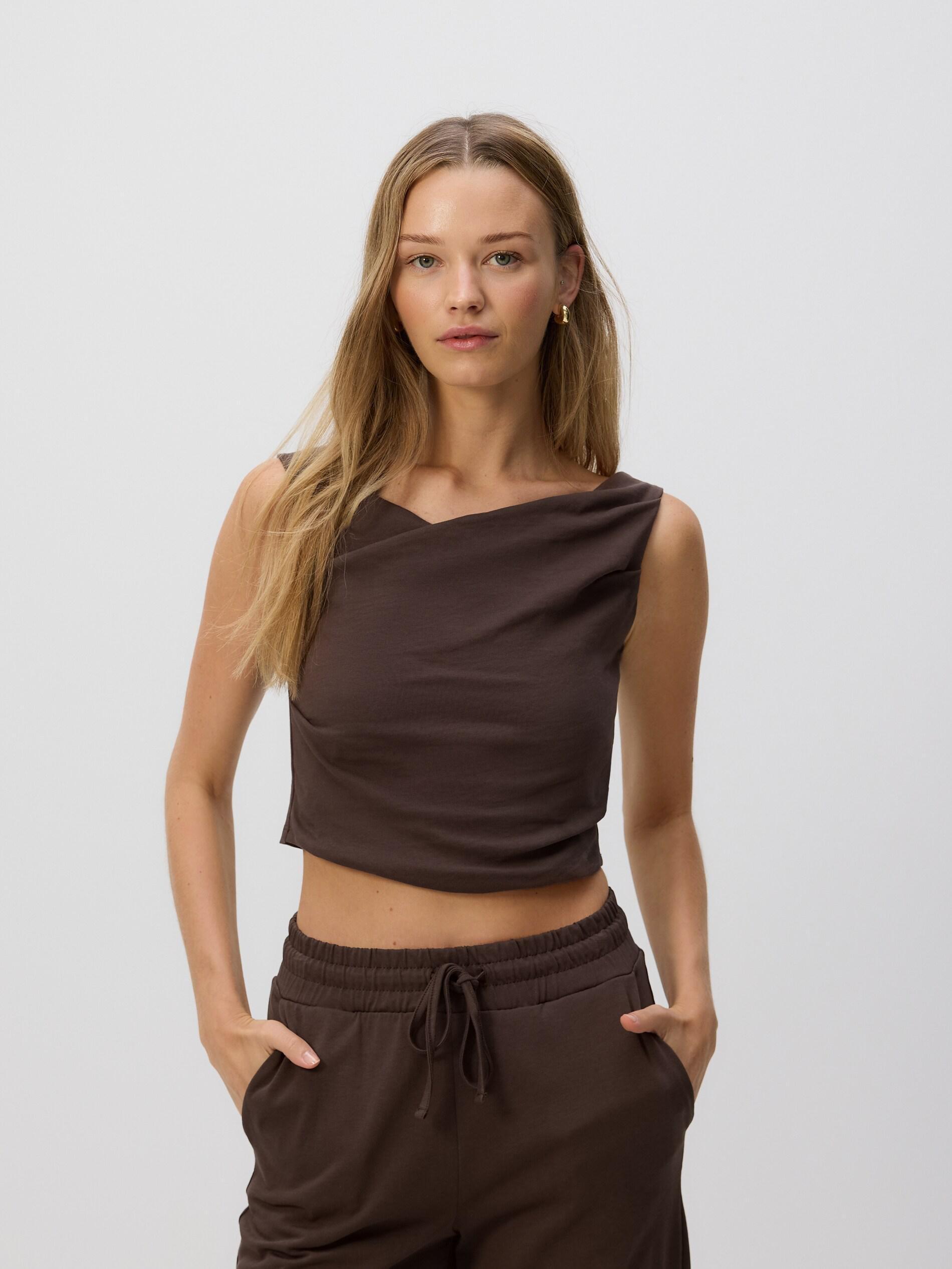 Brown Shirred Top, Brown, medium
