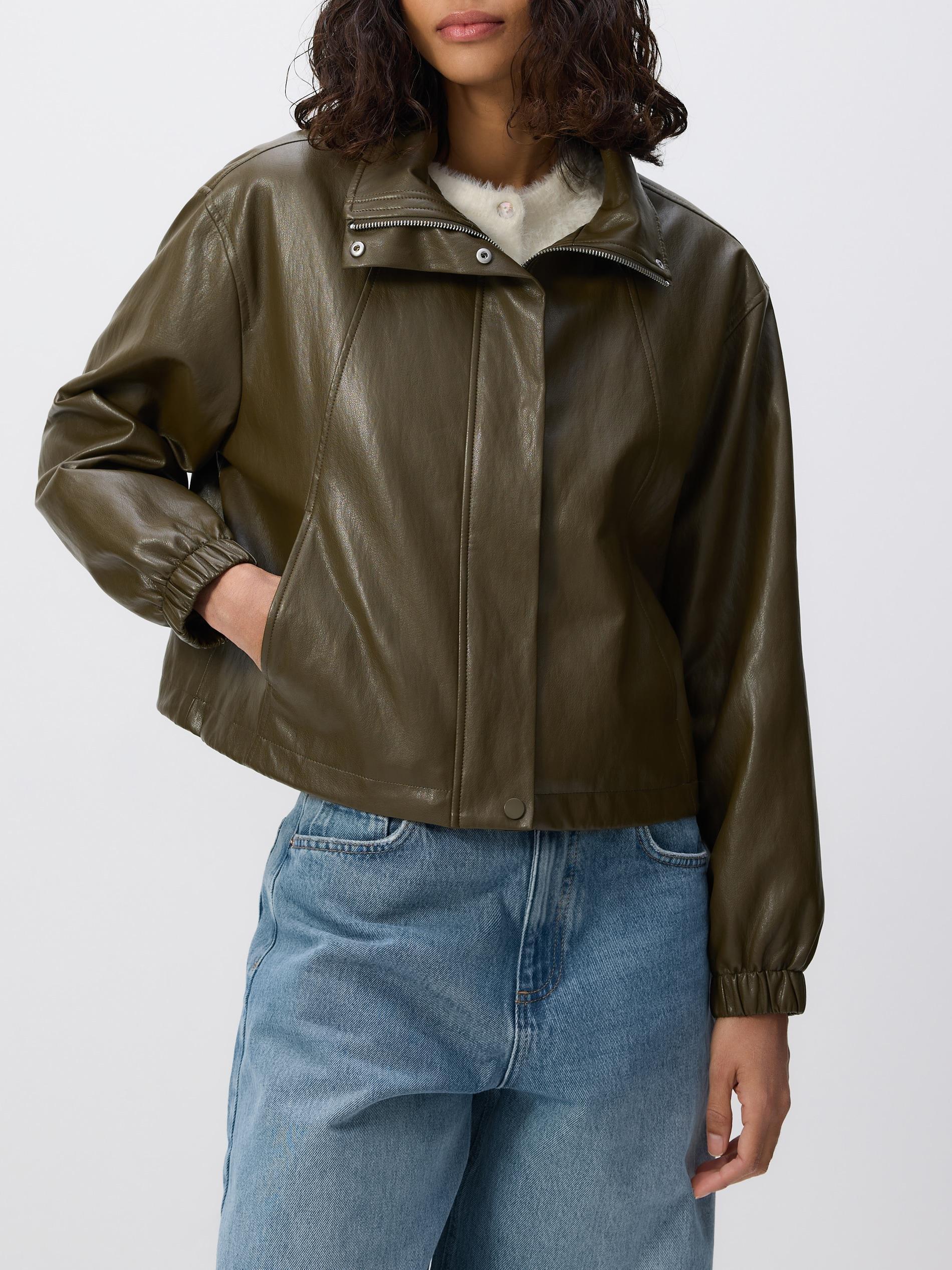 Brown Jacket With High Stand Up Collar, Khaki, large image number 2