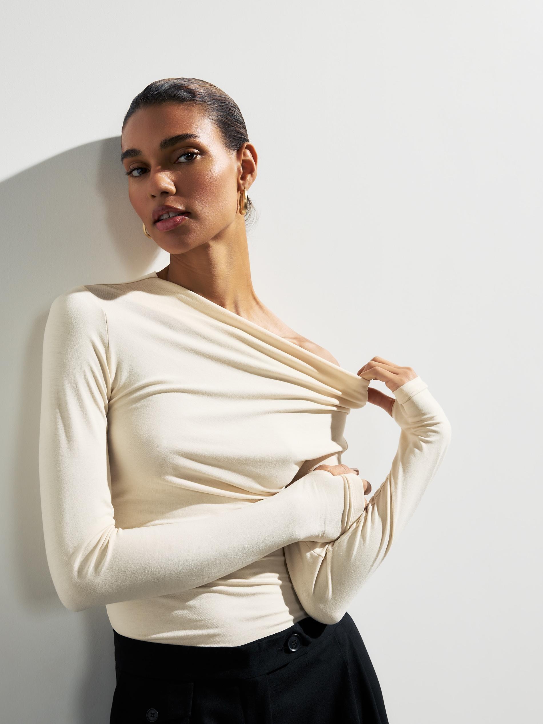 Beige Top With Decorative Gathering, Ivory, large image number 5