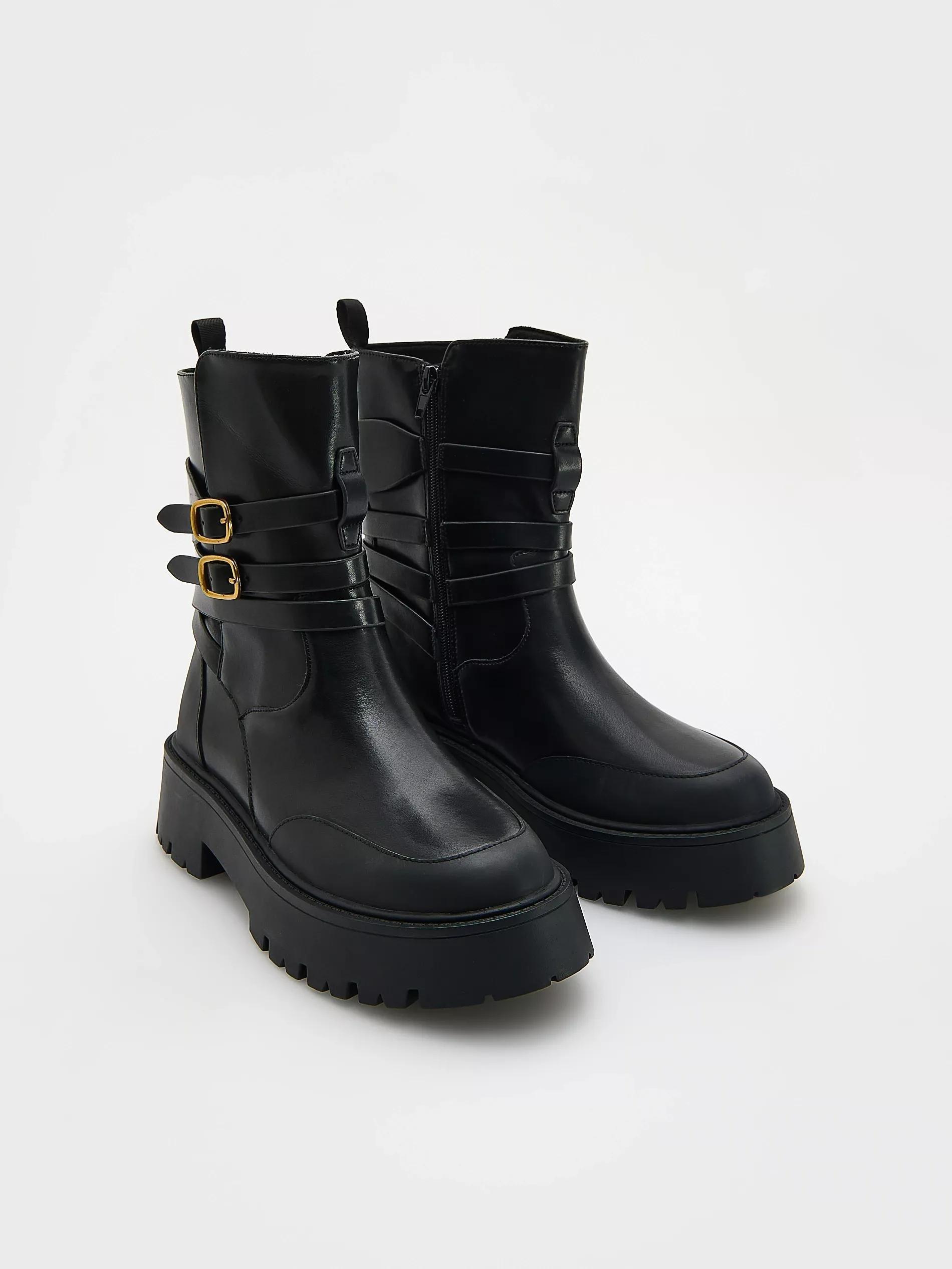 Black Leather Belted Ankle Boots, , large image number 1