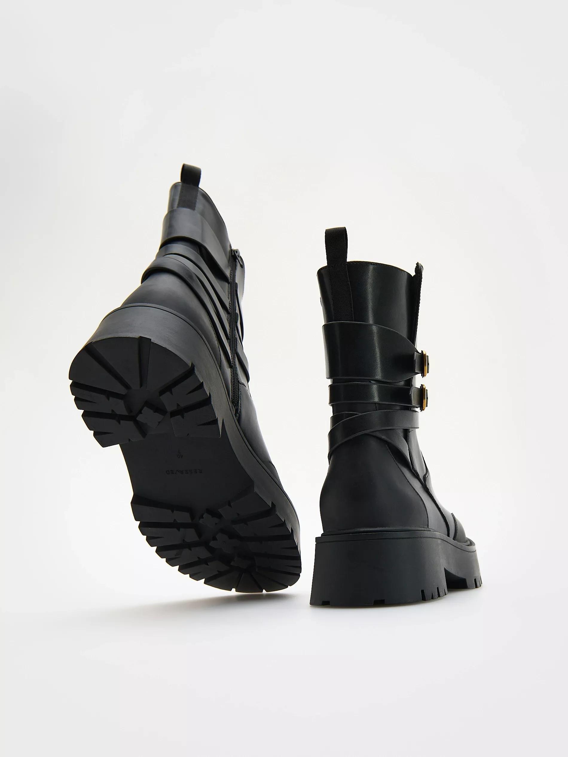 Black Leather Belted Ankle Boots, , large image number 2