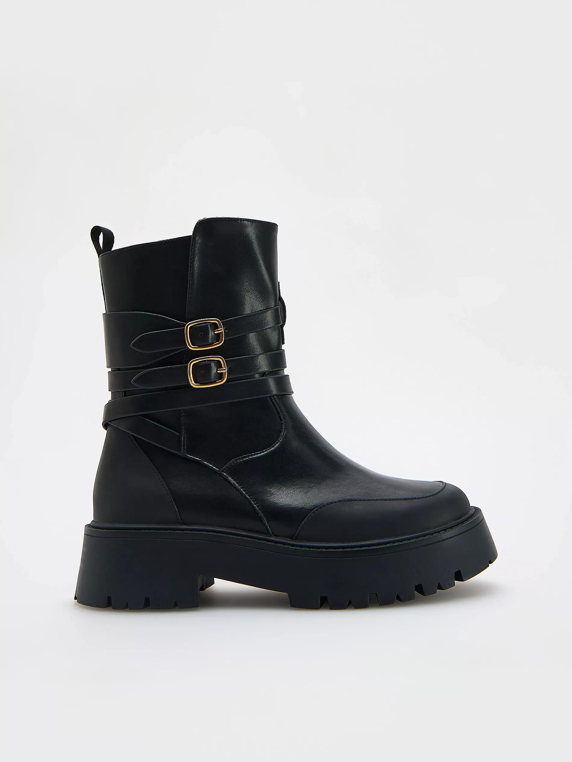 Black Leather Belted Ankle Boots, , large image number 3