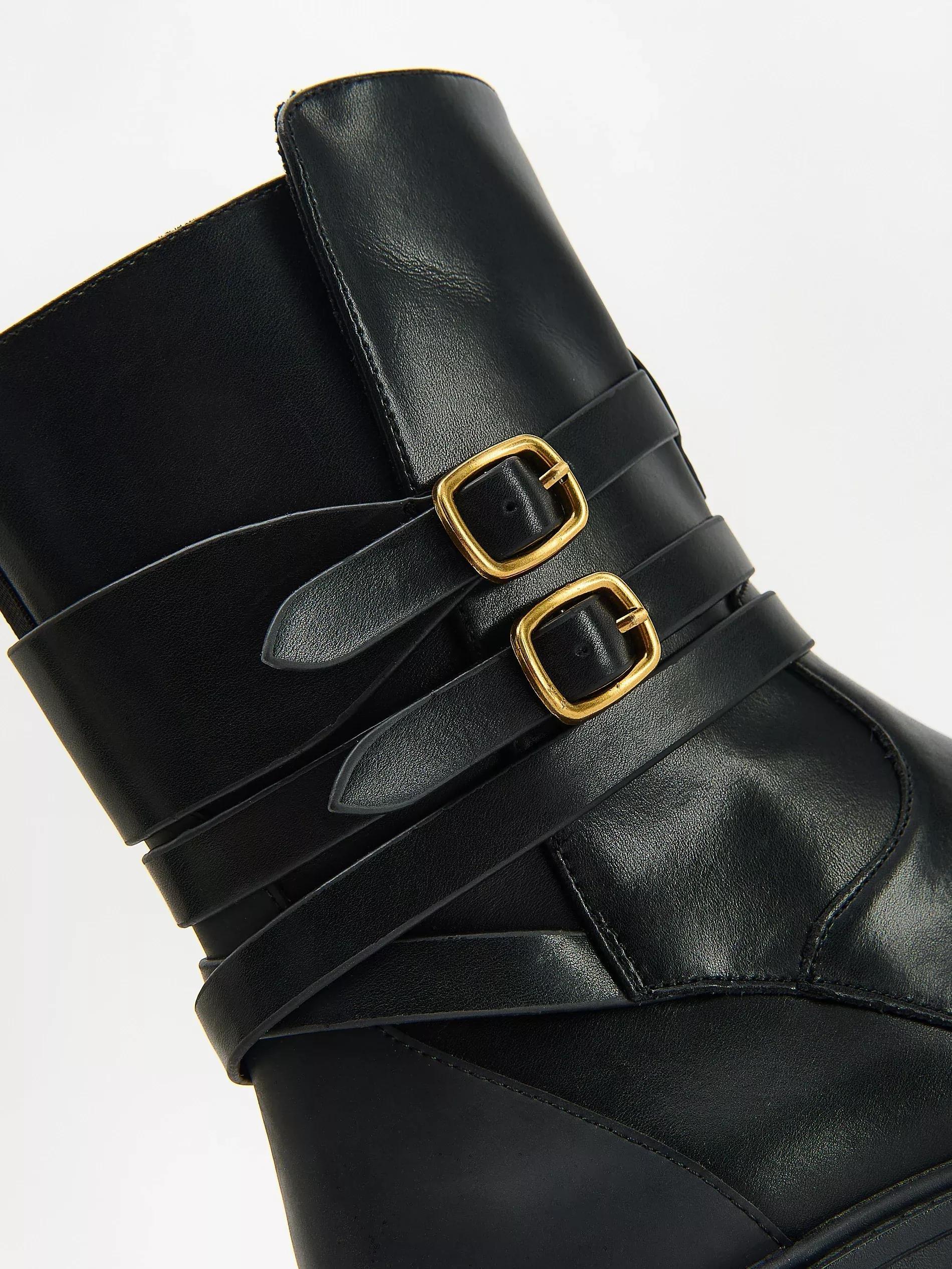 Black Leather Belted Ankle Boots, , large image number 4