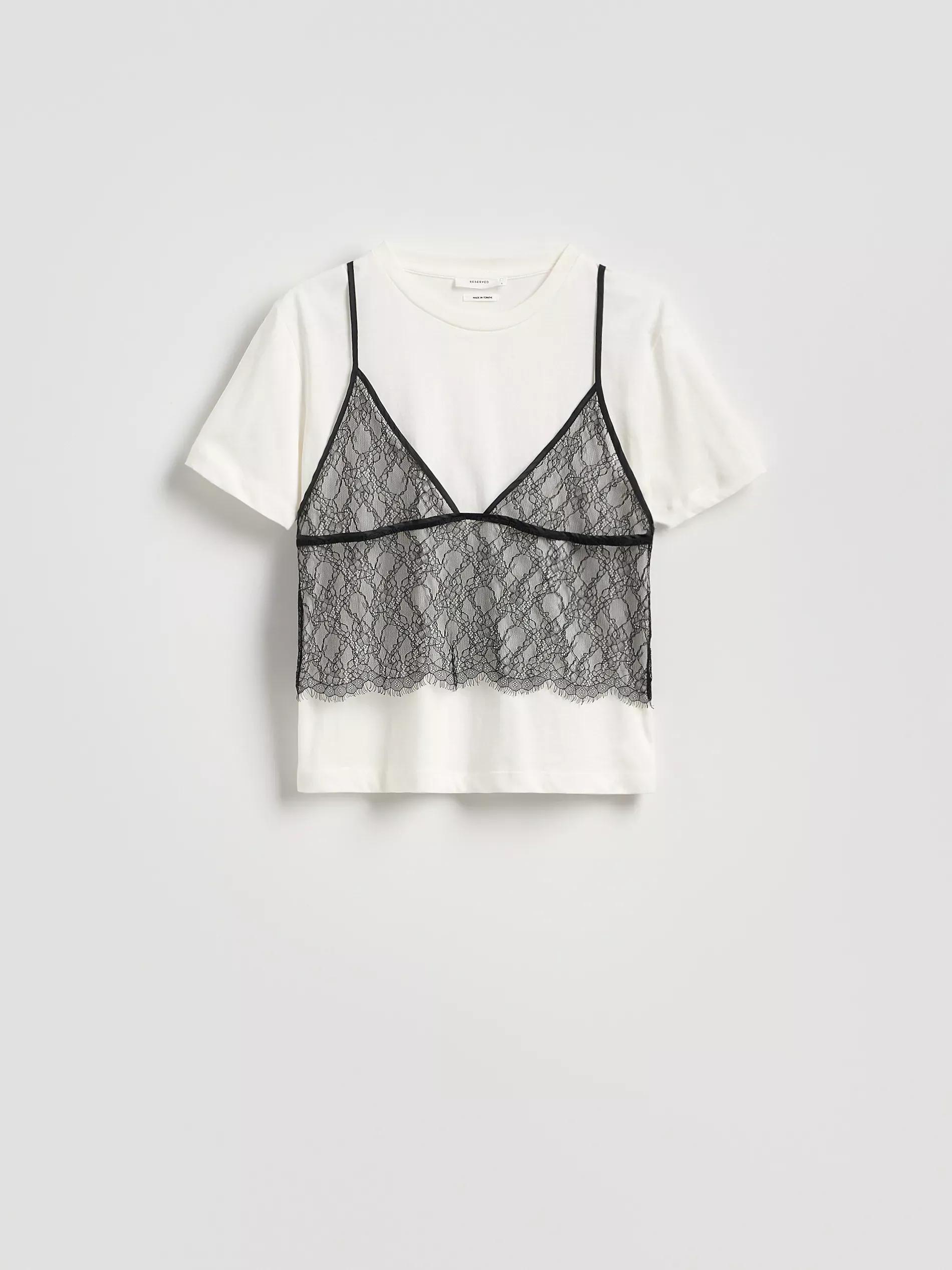 Cream T-Shirt With Lace Top, , large image number 0