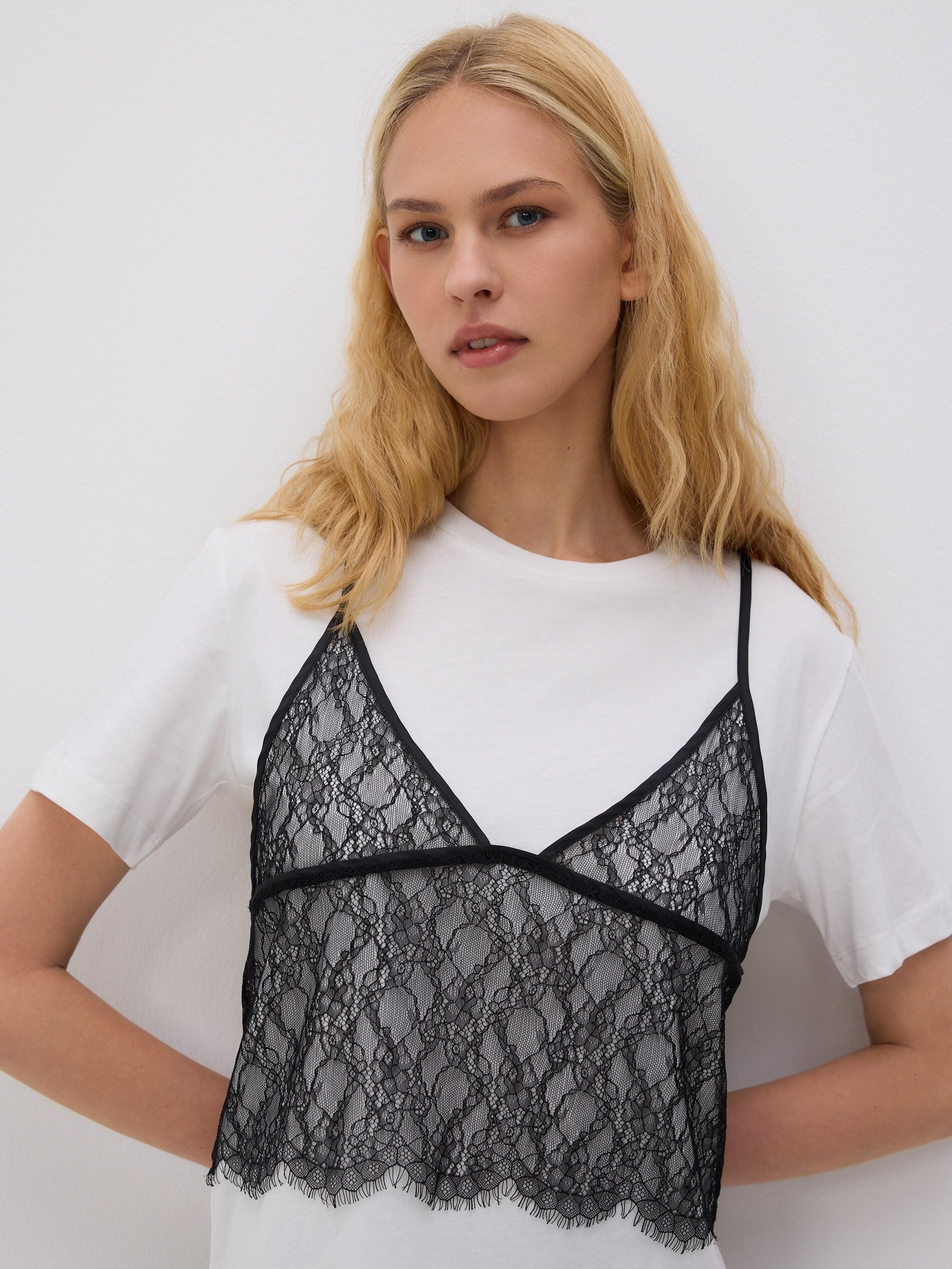 CREAM T-shirt with lace top, Ivory, medium