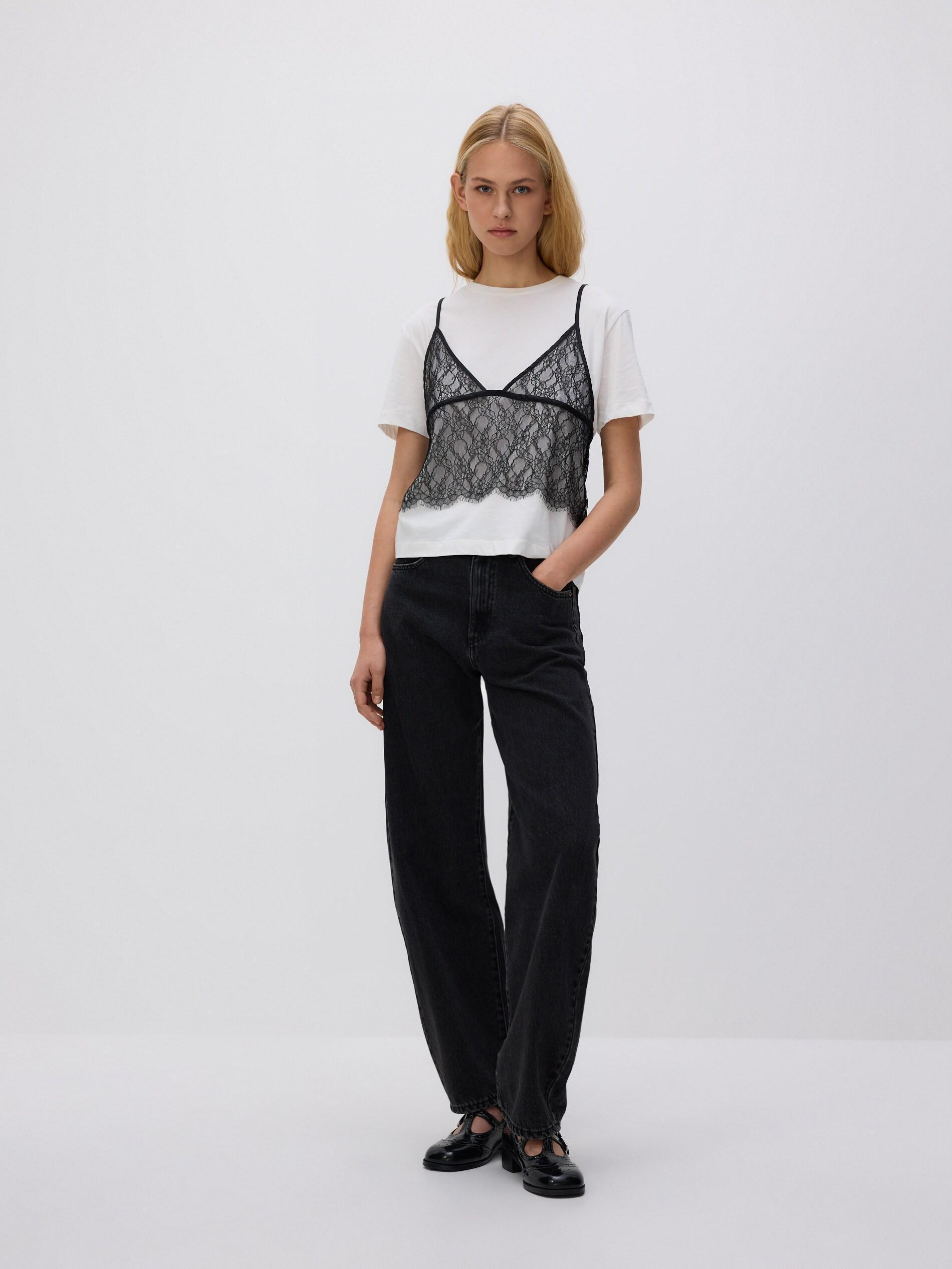 Cream T-Shirt With Lace Top, Ivory, medium
