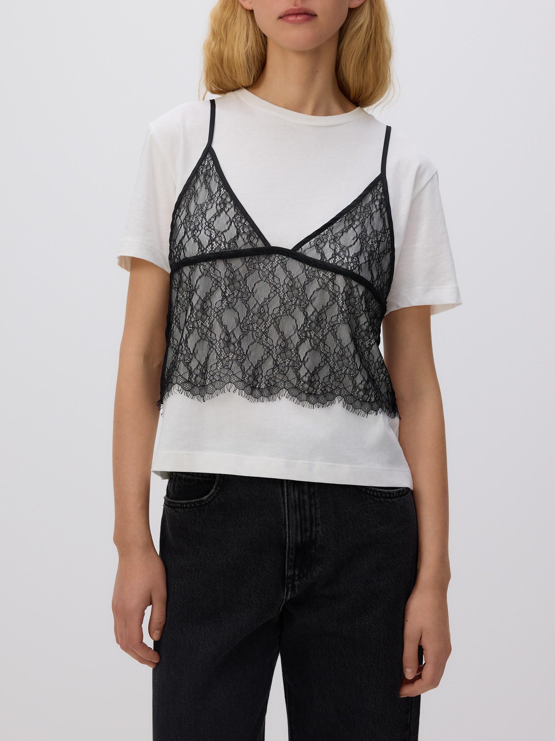 CREAM T-shirt with lace top, Ivory, large image number 2