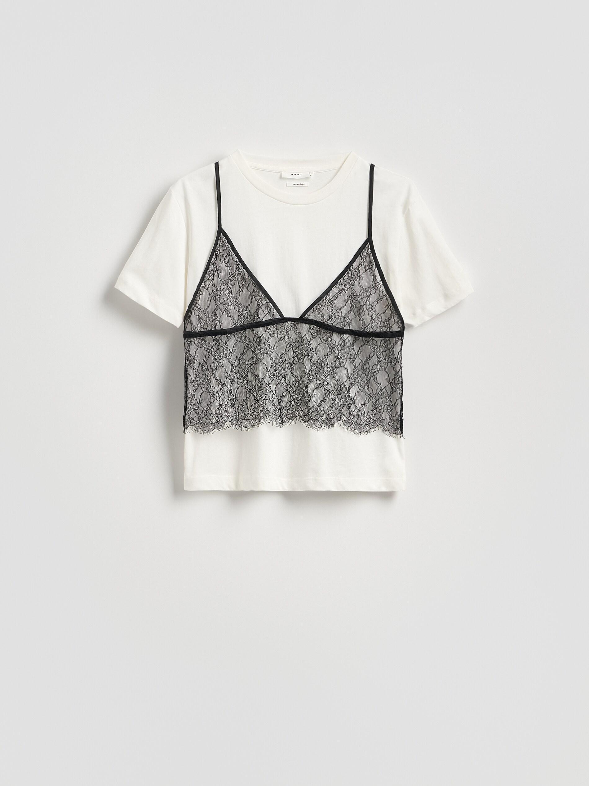 CREAM T-shirt with lace top, Ivory, large image number 3