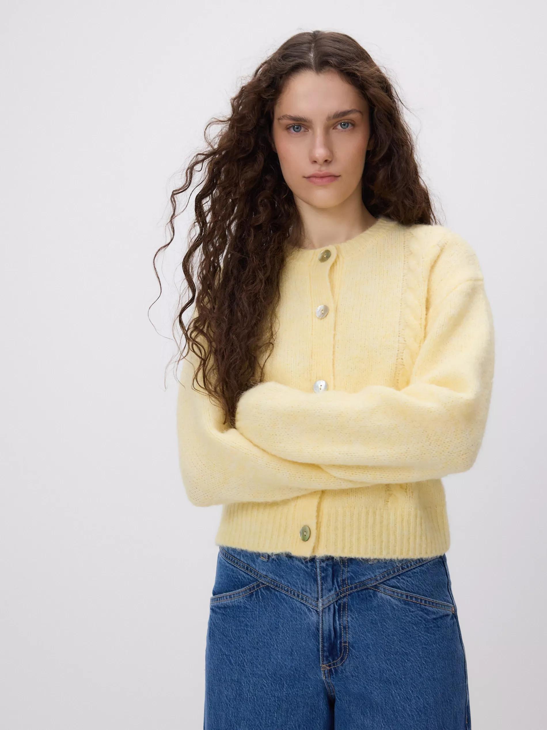 Yellow Decorative Knit Cardigan, Yellow, large image number 0