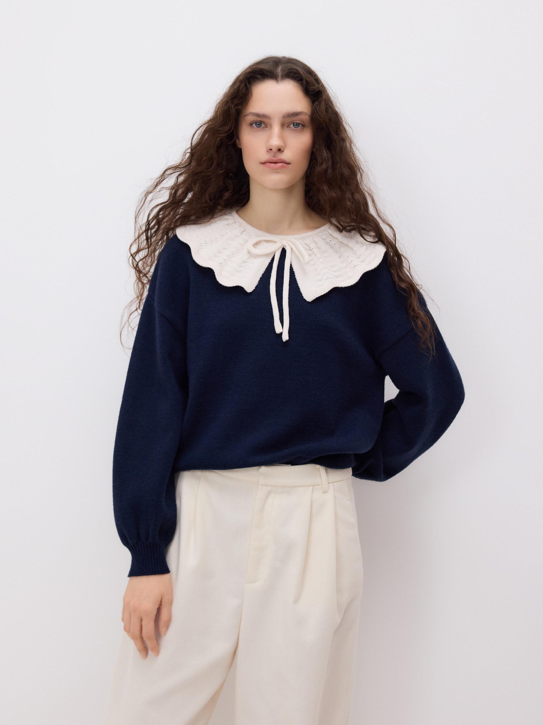 Navy Sweater With Decorative Collar, Navy, large image number 0
