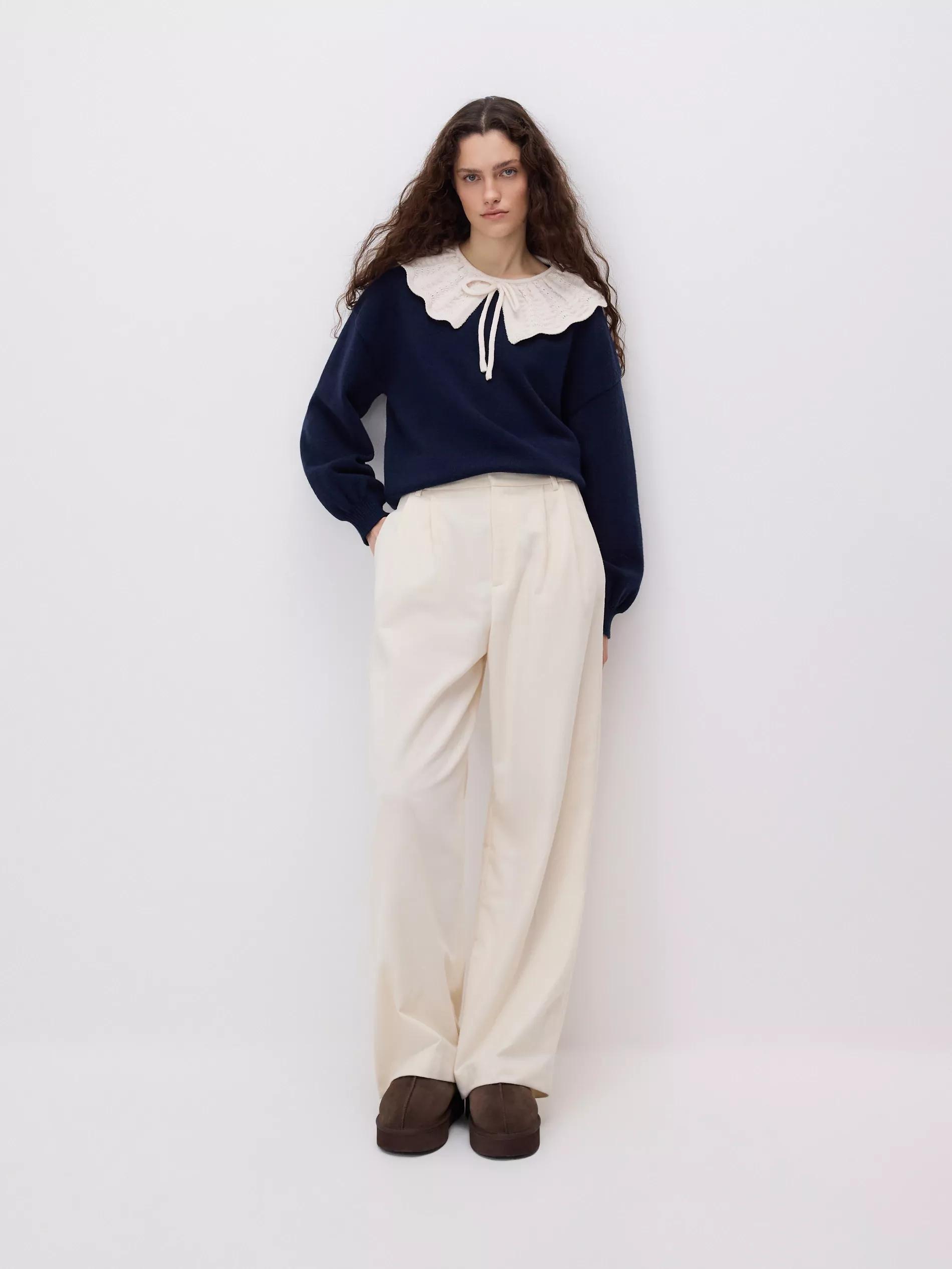 Navy Sweater With Decorative Collar, Navy, large image number 1