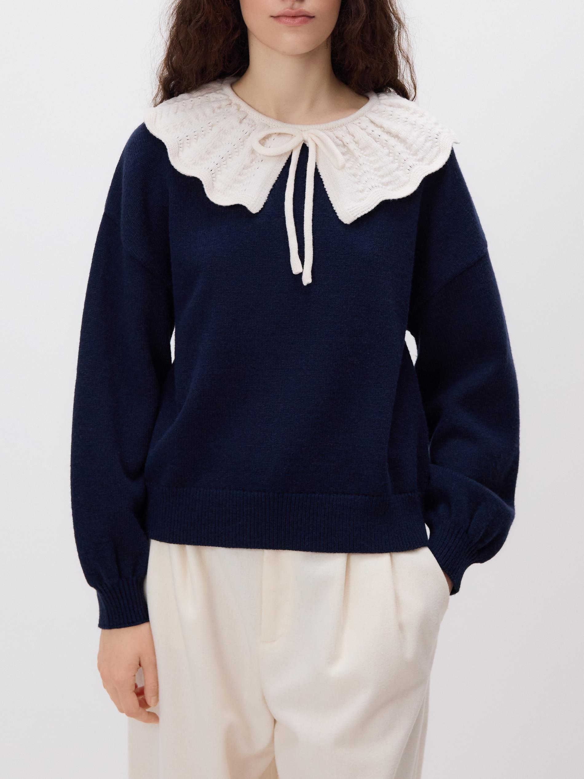 Navy Sweater With Decorative Collar, Navy, large image number 2