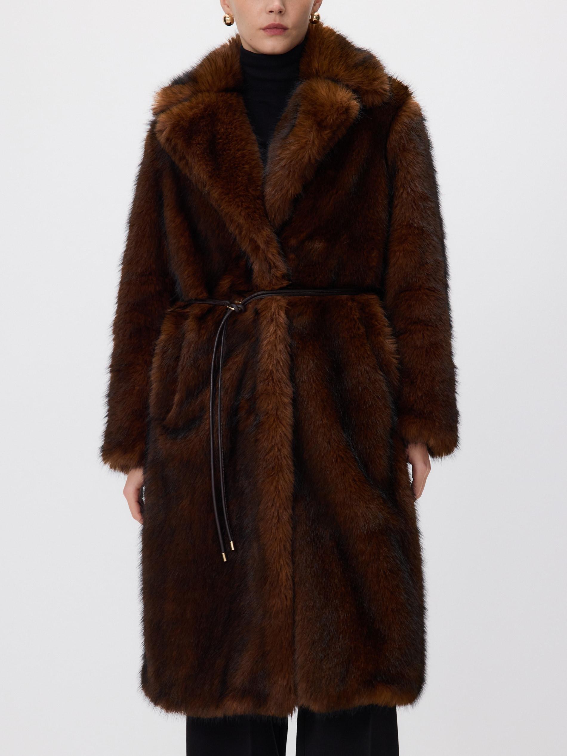 BROWN Faux fur coat with belt, Brown, large image number 0
