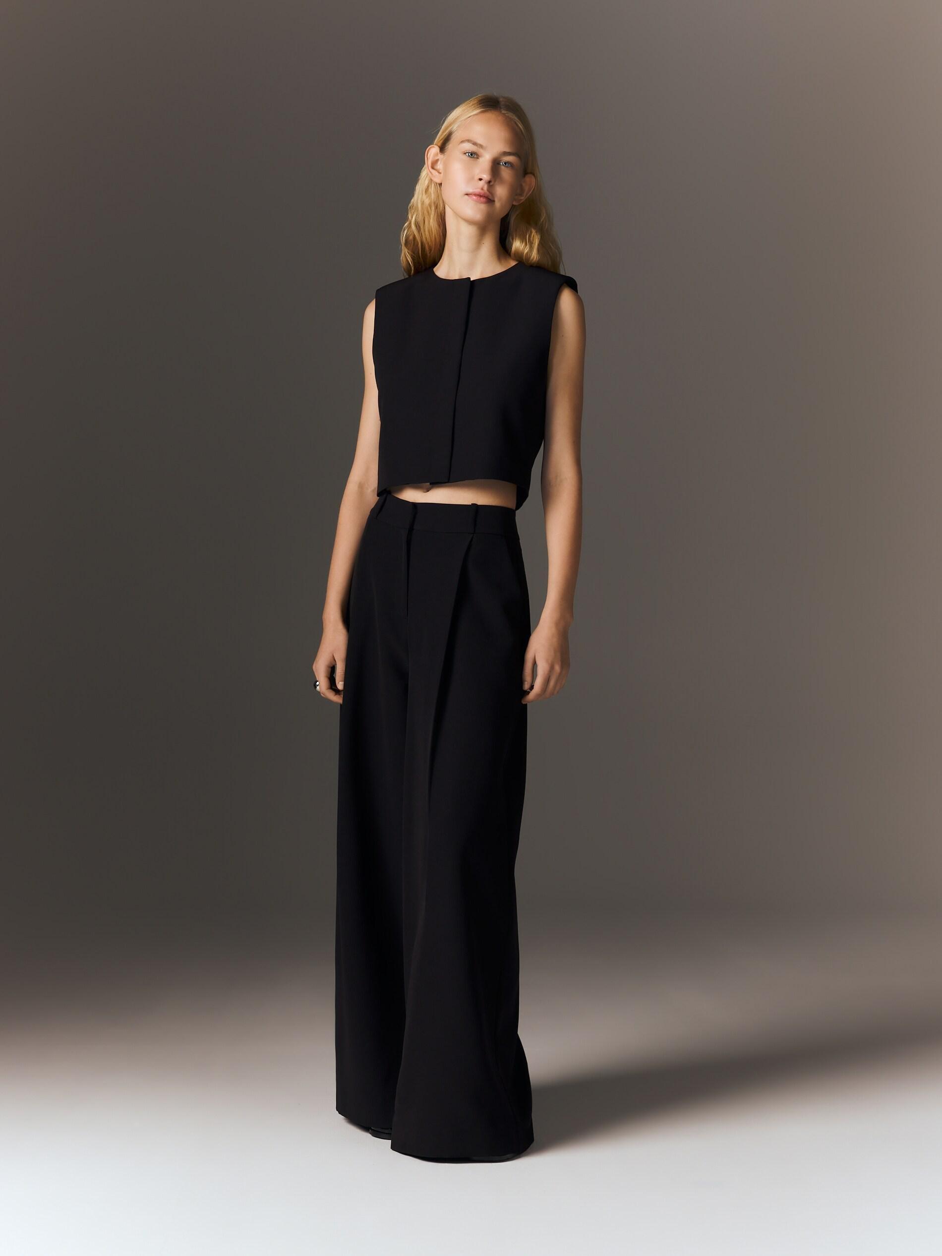 Black Wide Leg Trousers, Black, large image number 0