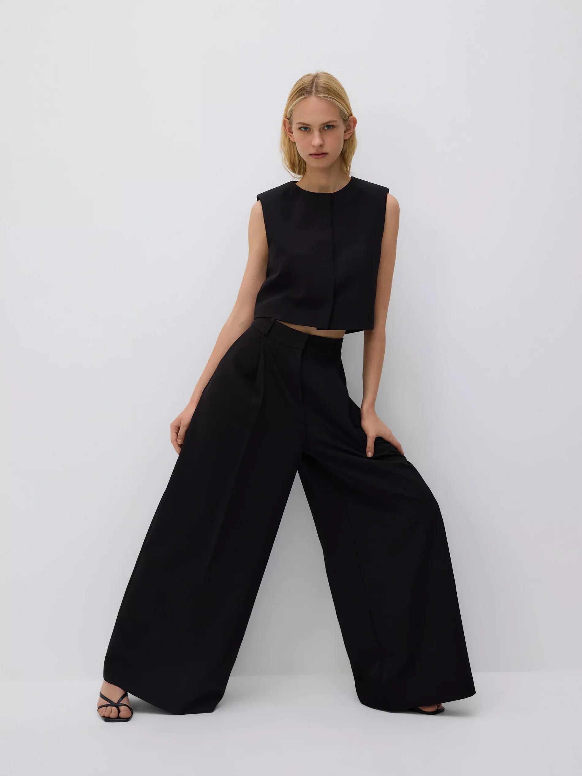 Black Wide Leg Trousers, Black, large image number 2