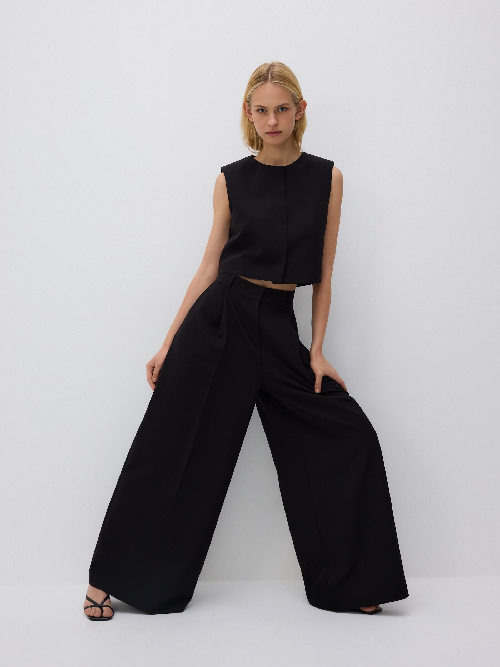 Black Wide Leg Trousers, Black, large image number 3