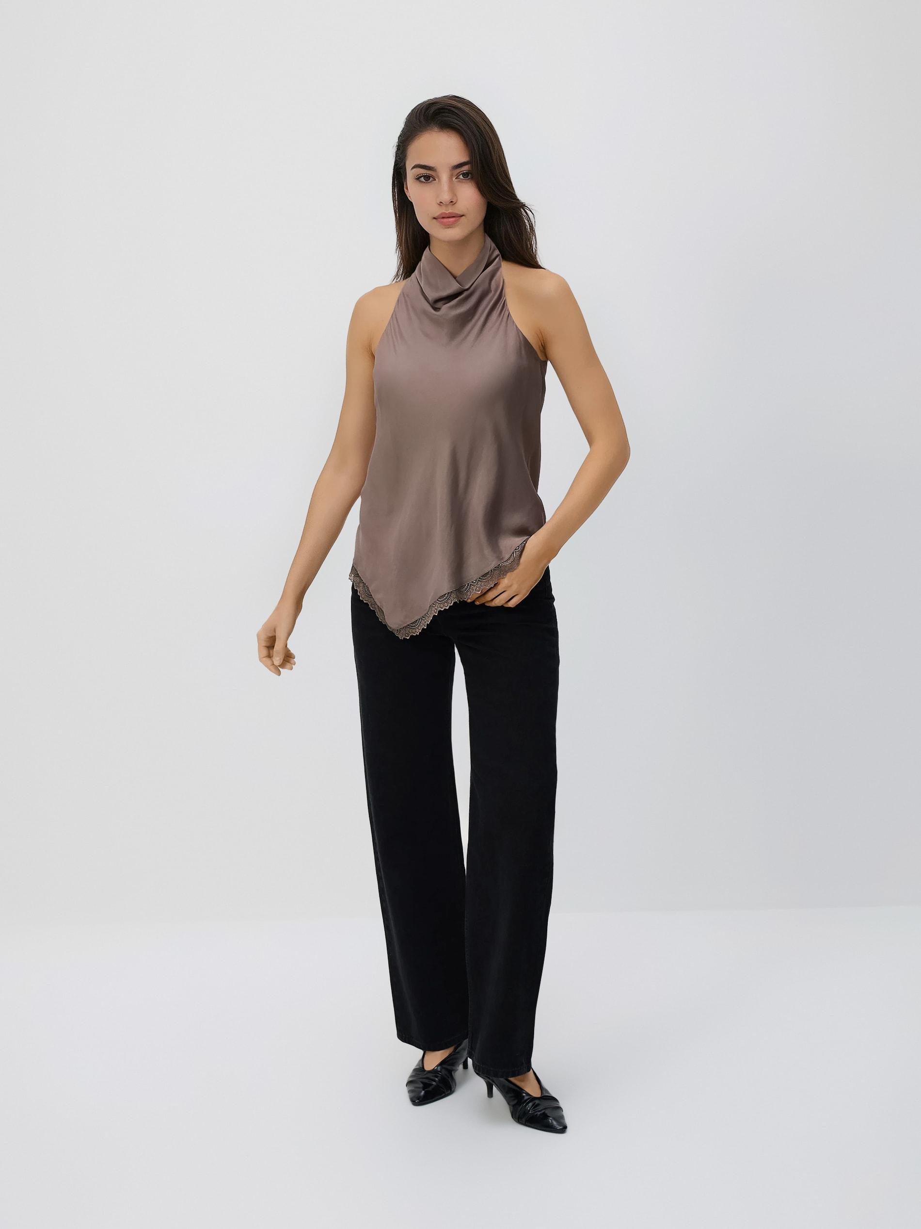 Beige Satin Top With Lace, Beige, medium