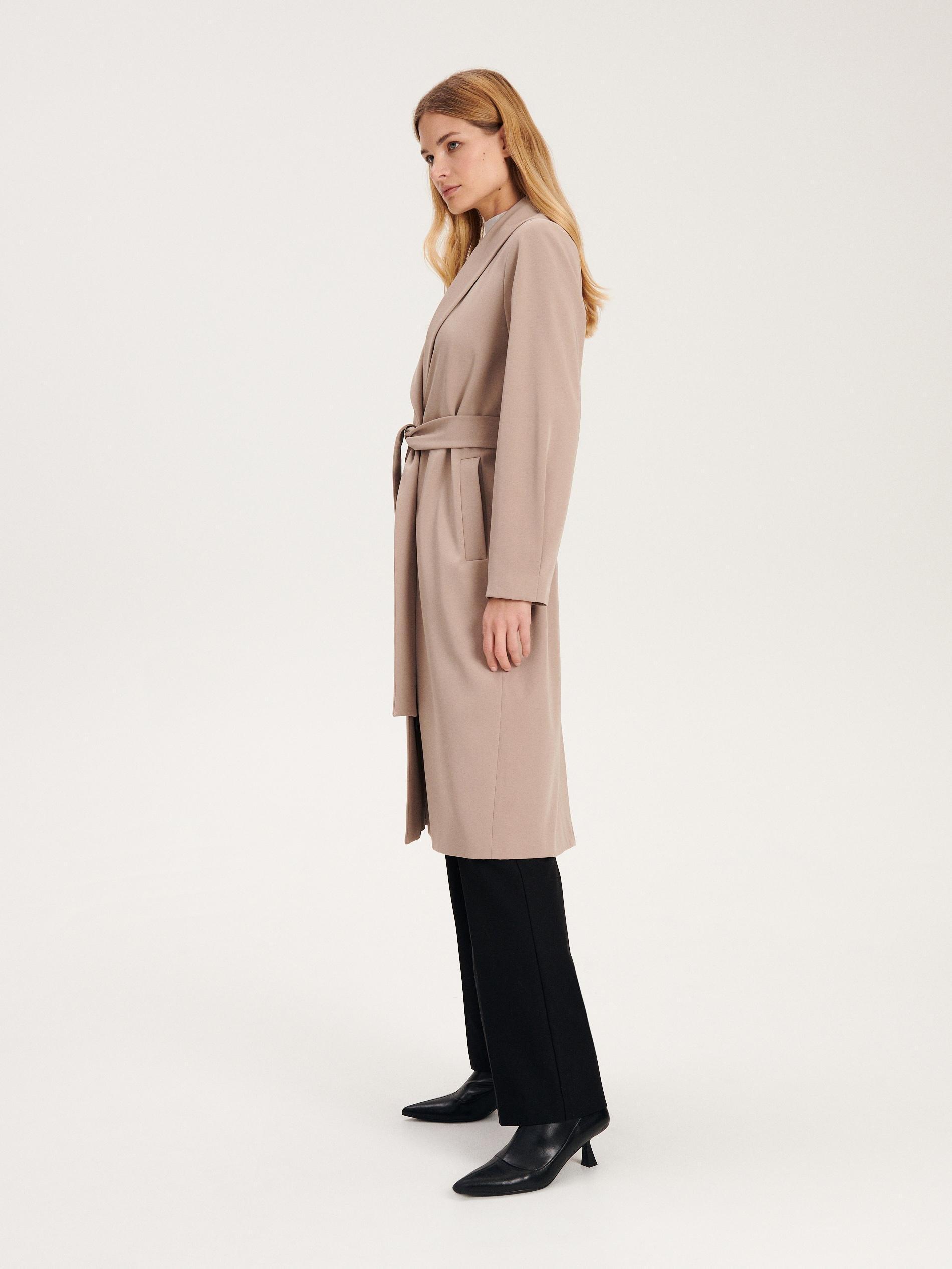 Beige Coat With Tie Waist Belt, , large image number 2