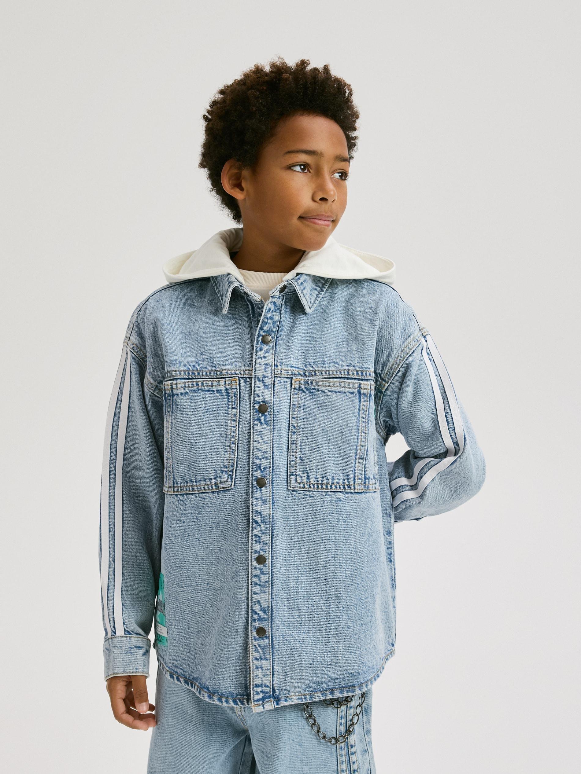 Blue Jeans Hooded Denim Shirt, Blue, large image number 0
