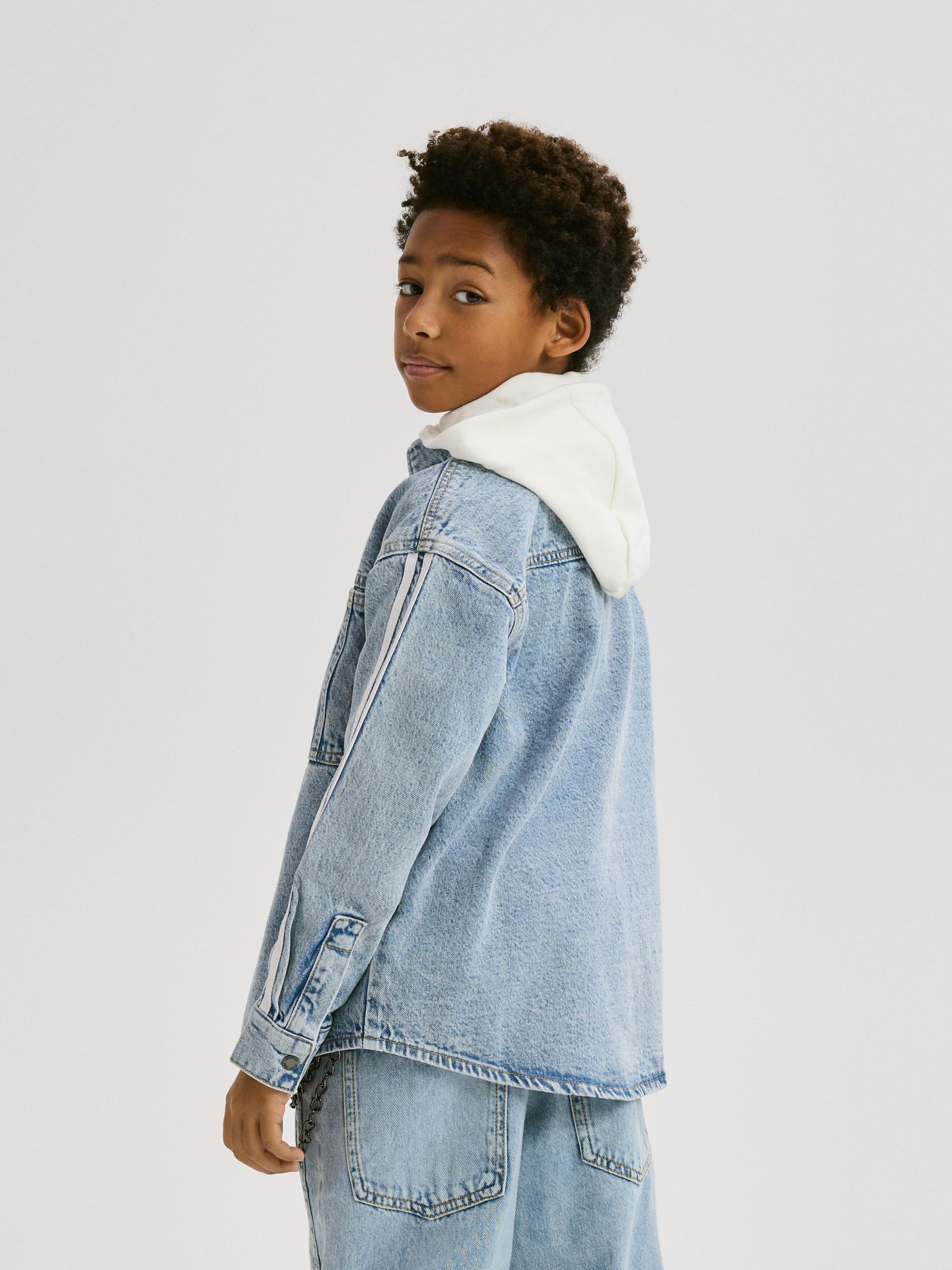 Blue Jeans Hooded Denim Shirt, Blue, large image number 7