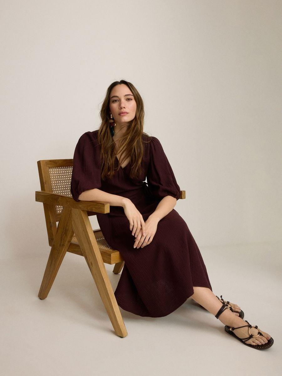 Brown Muslin Midi Dress, , medium