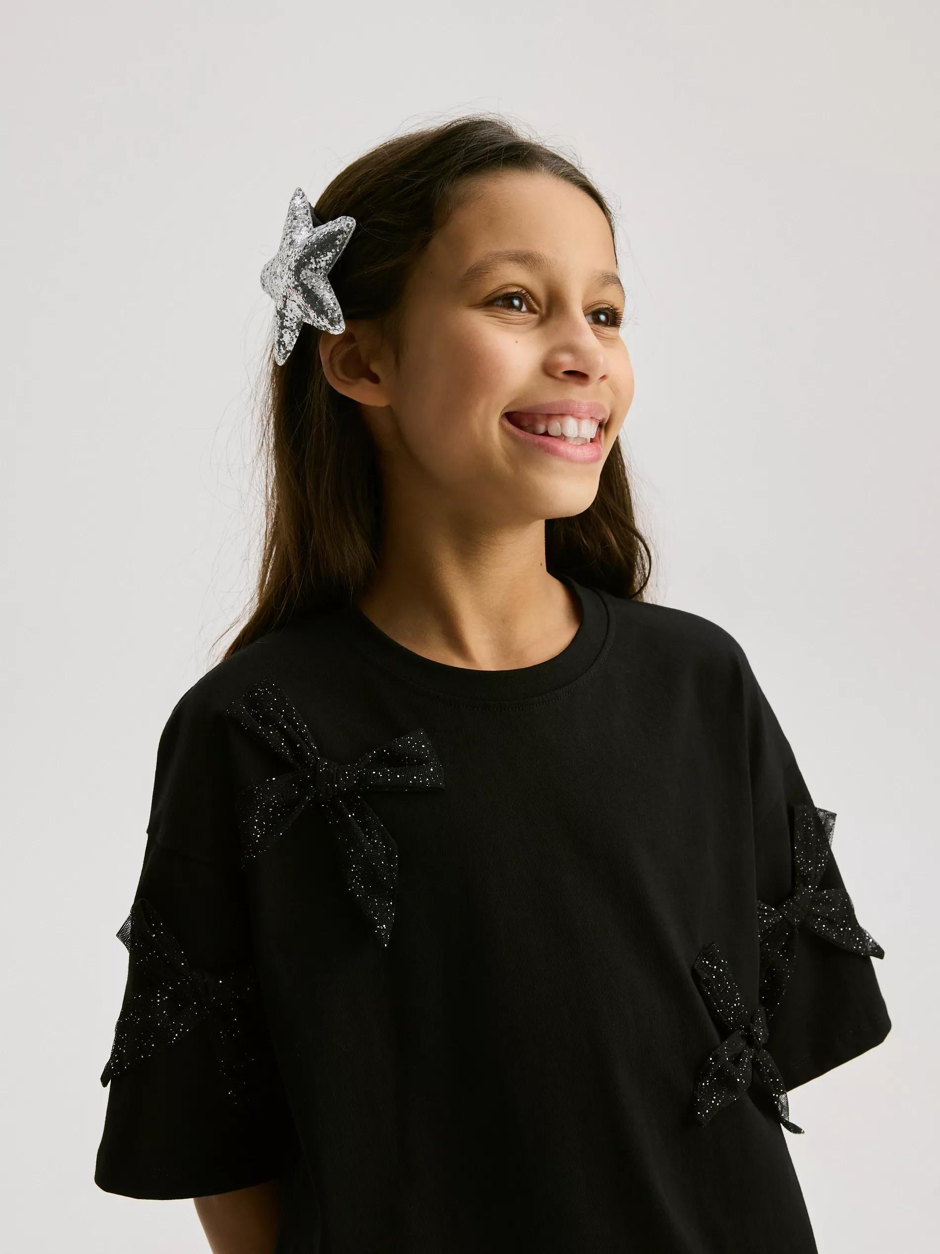 Black T-Shirt With Bows, Black, large image number 0