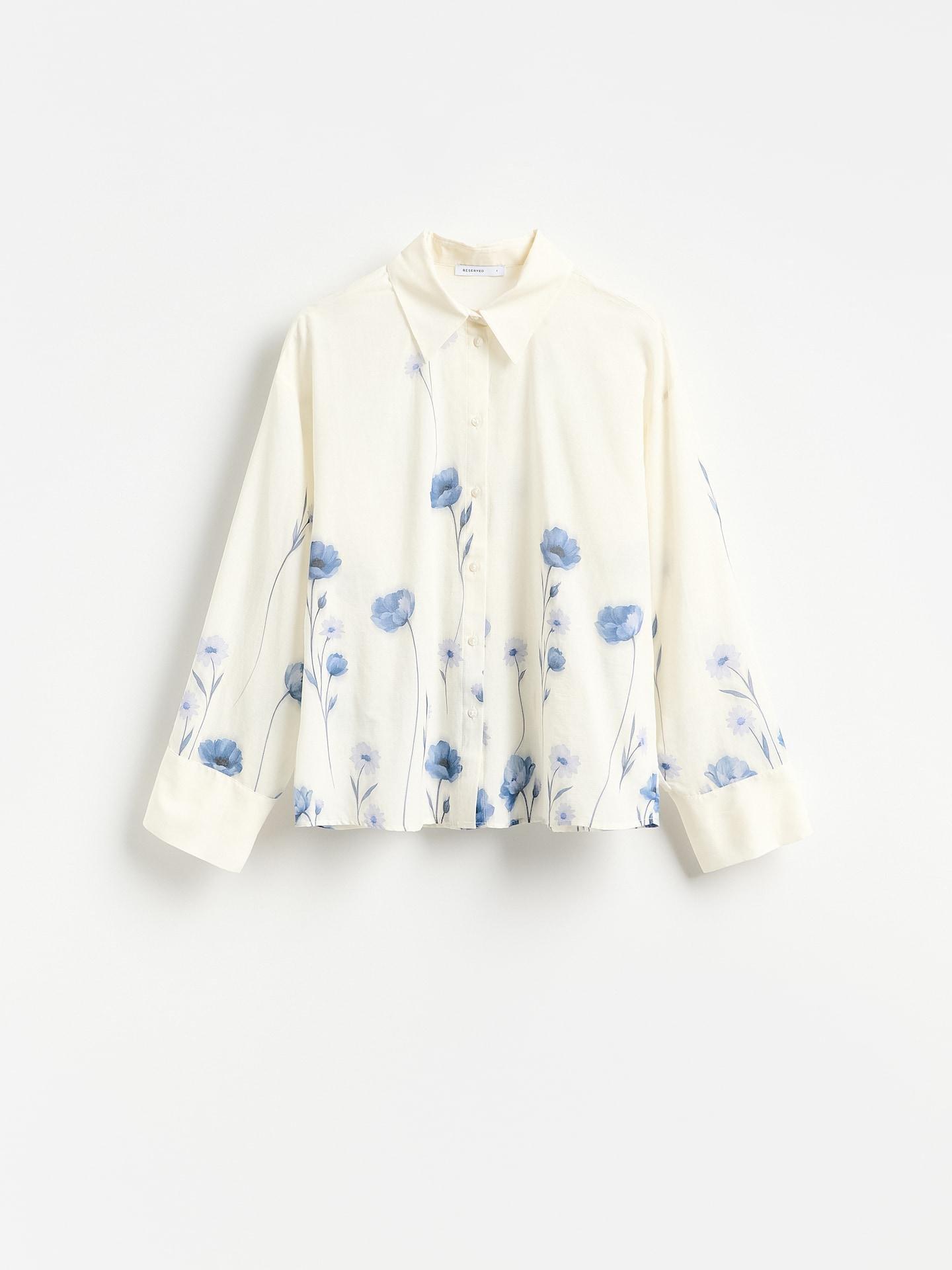 Cream Cotton Floral Print Shirt, Ivory, medium