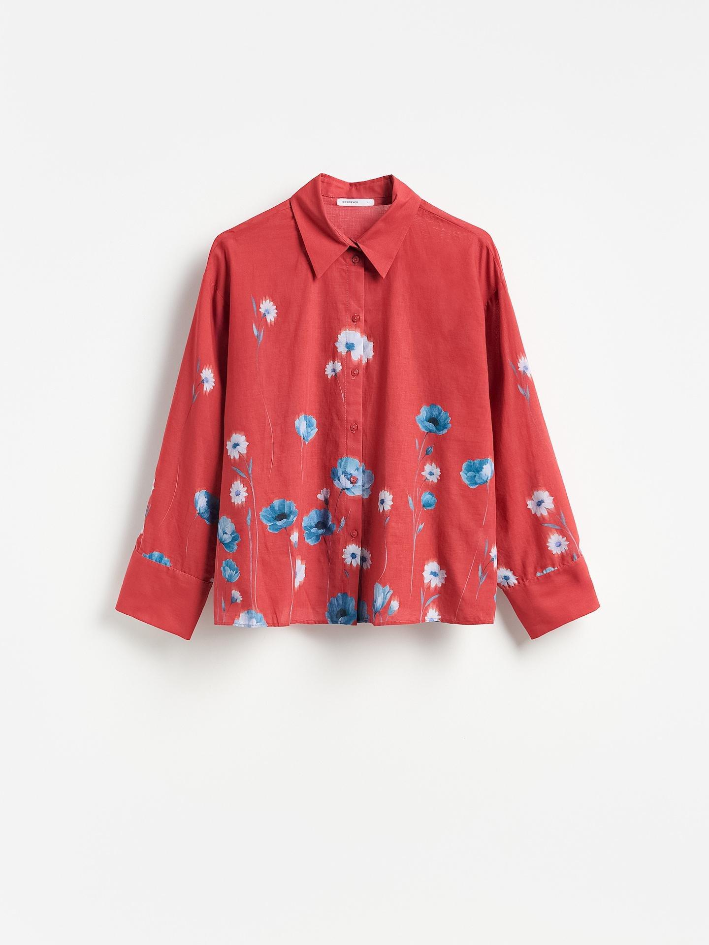 Red Cotton Floral Print Shirt, Red, medium
