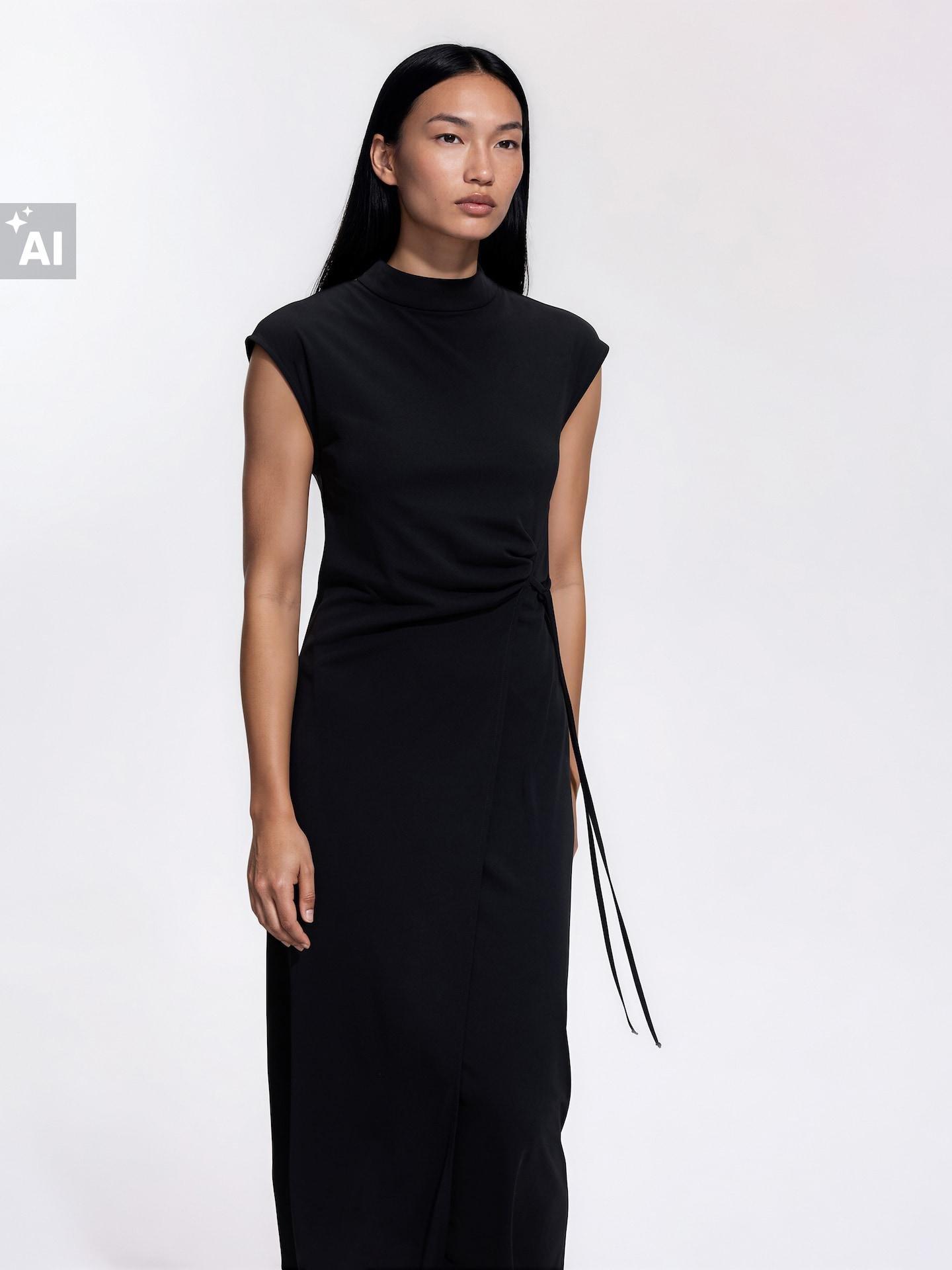 Black Dress With Decorative Tie Detail, Black, large image number 3