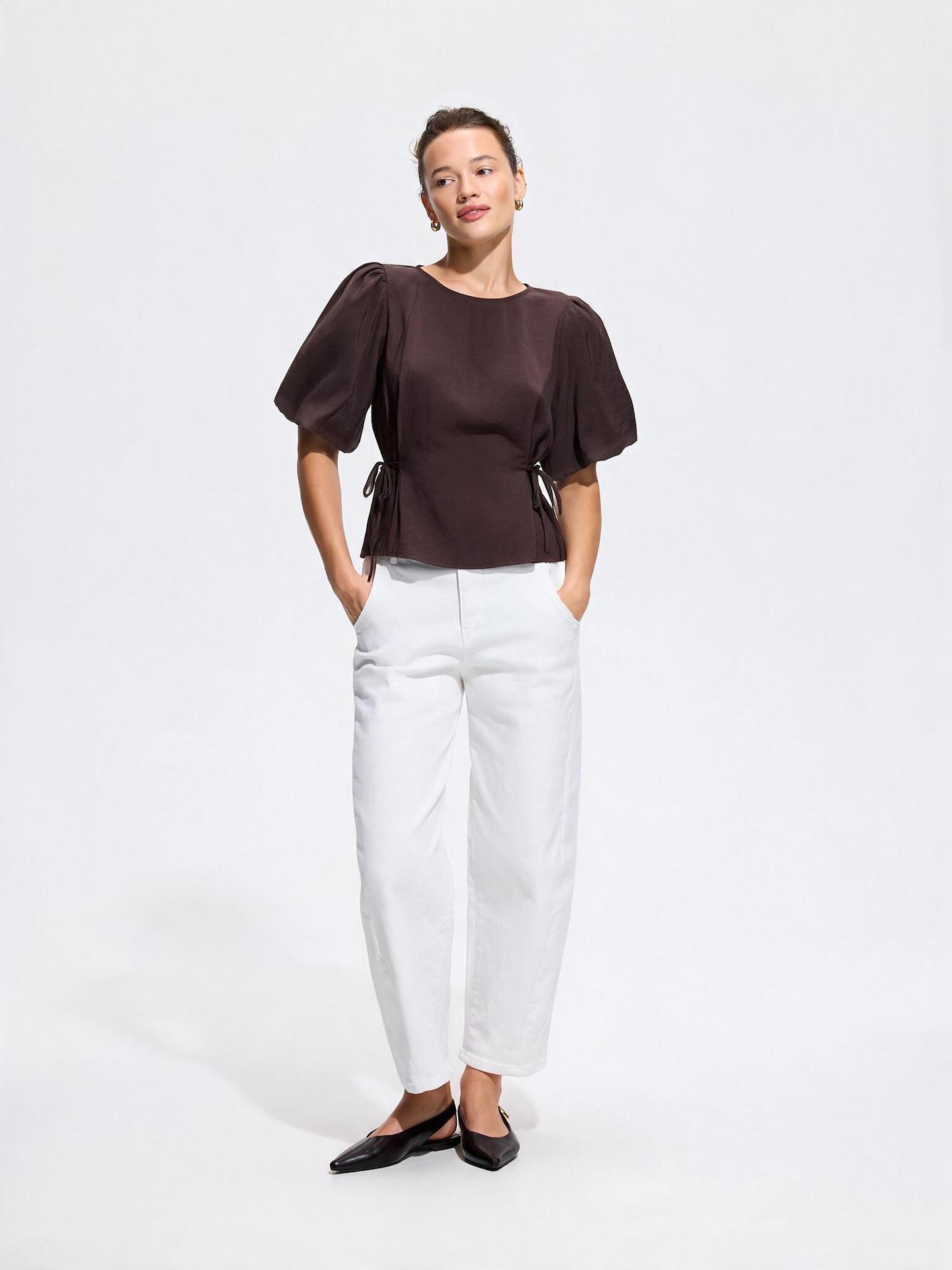 Brown Puff Sleeve Top, Brown, large image number 1