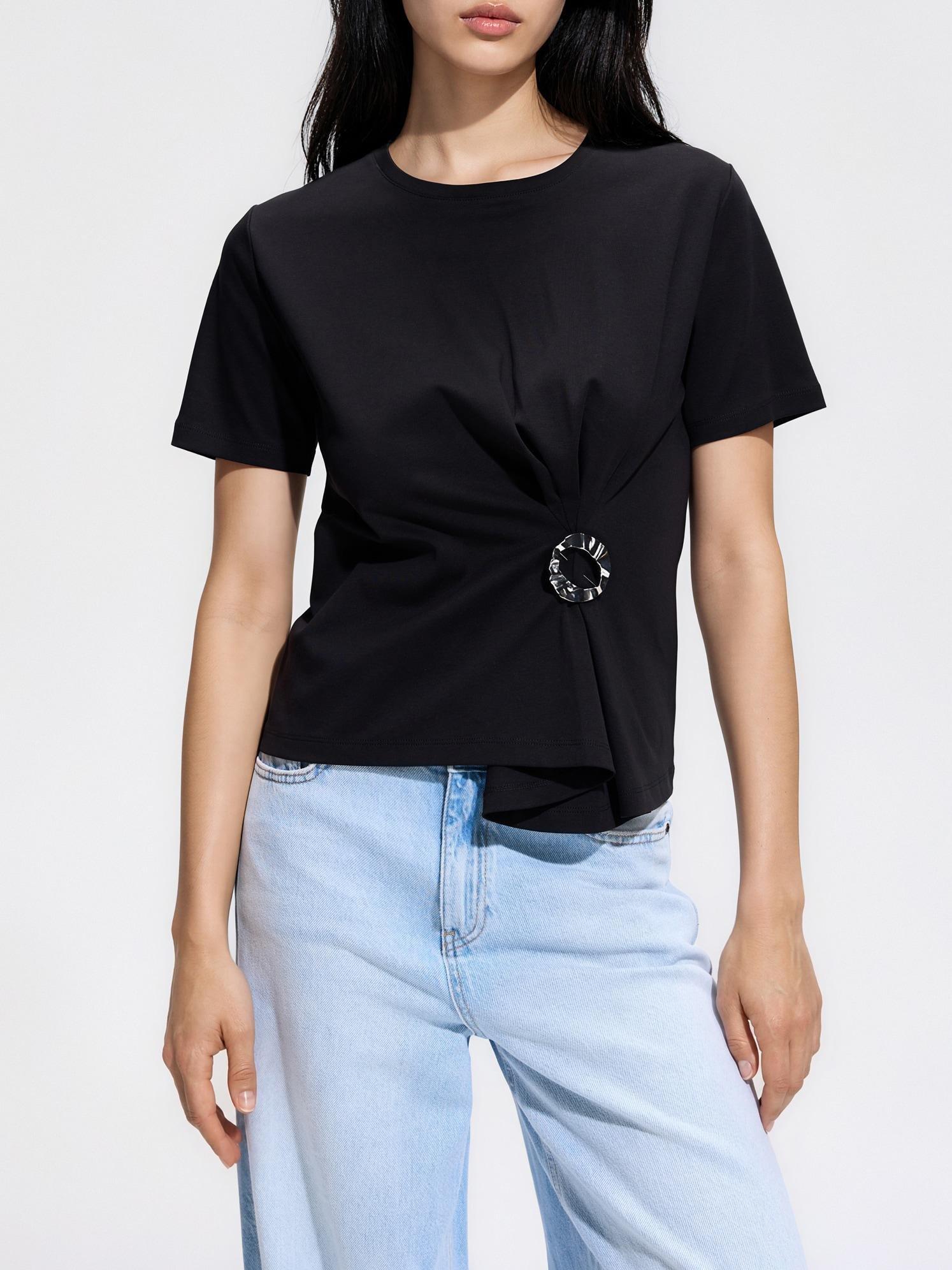 Black Decorative Detail T-Shirt, Black, medium