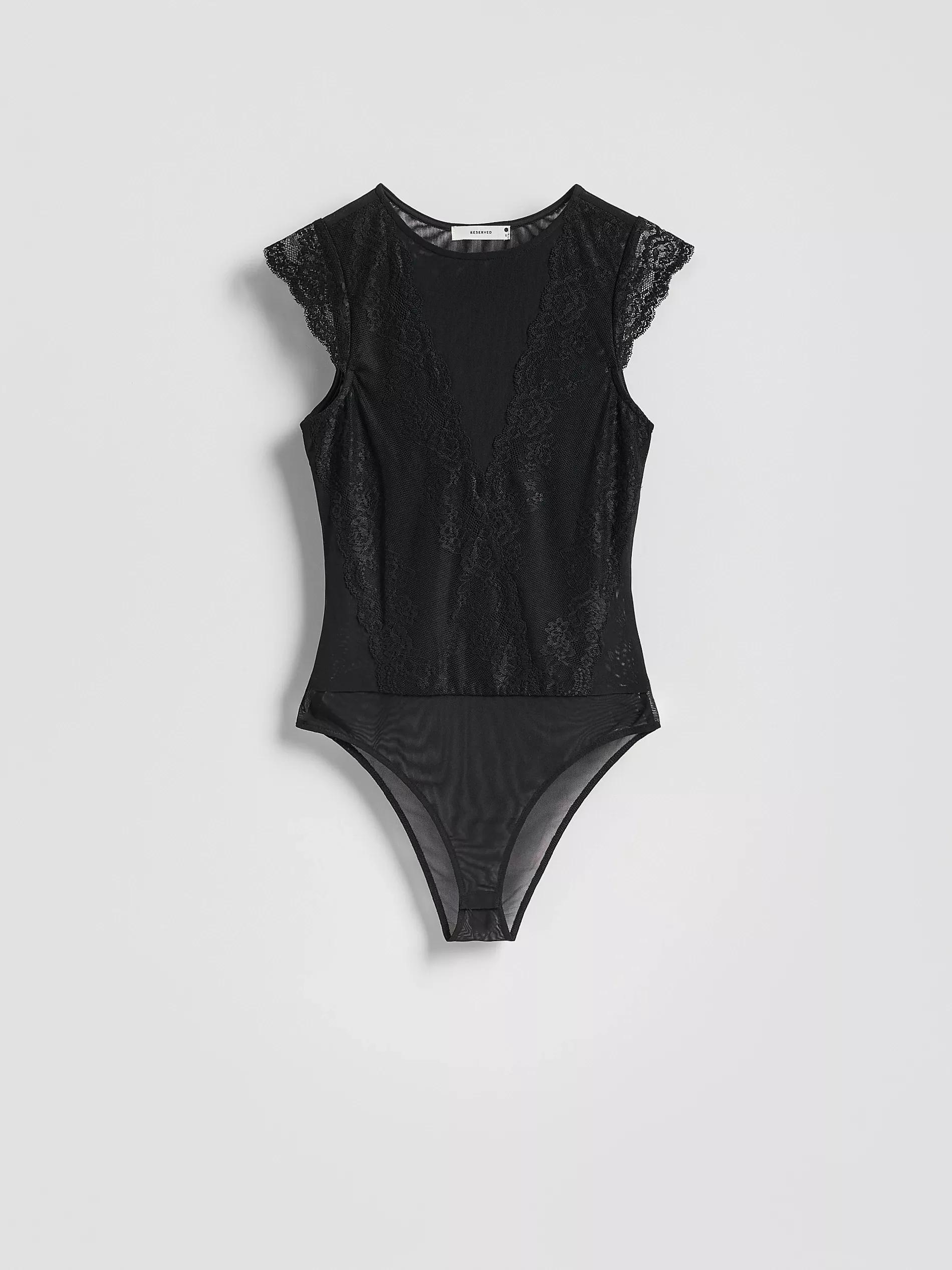 Black Mesh Bodysuit With Lace, Black, large image number 4