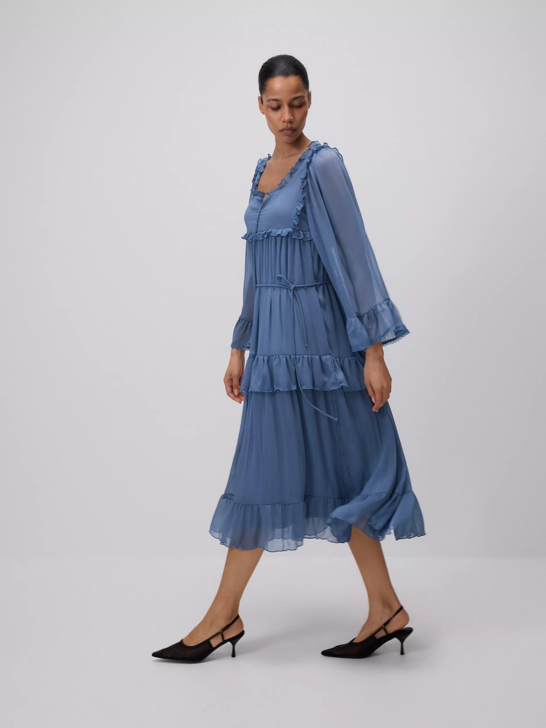 Blue Midi Dress With Ruffles, , large image number 0